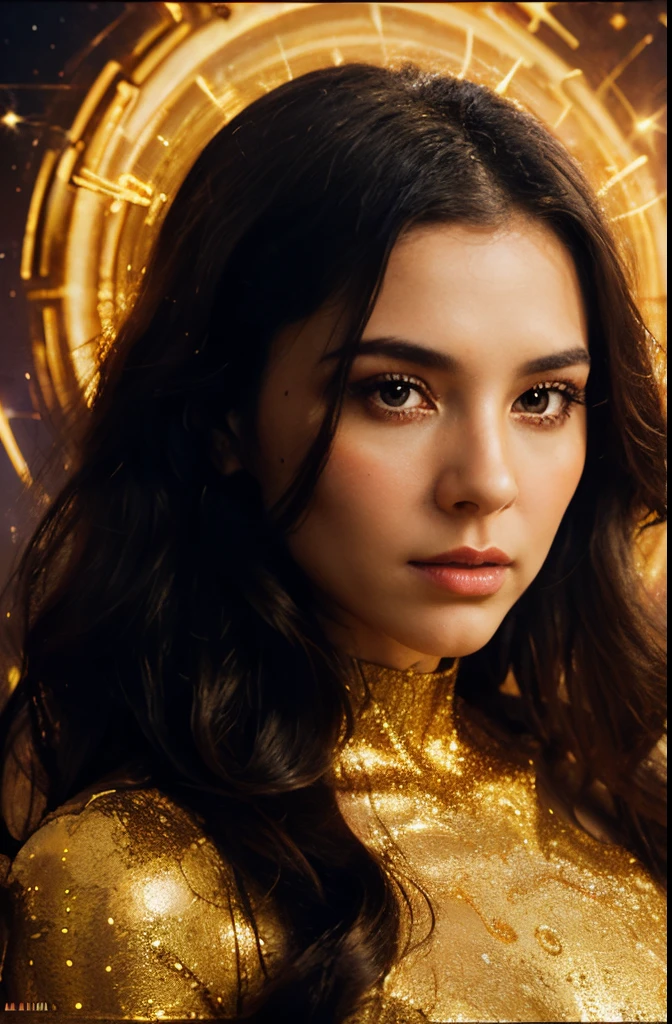 Title: Retro Galactic Elegance
Prompt an AI to craft an image showcasing a beautiful woman revealed by a burst of golden ink and liquid, her form transformed by cosmic radiation. Surround her with retro-style elements, including globular shapes and eruptions of vibrant colors, ensuring a hyperrealistic portrayal that turns her into a cosmic work of art.