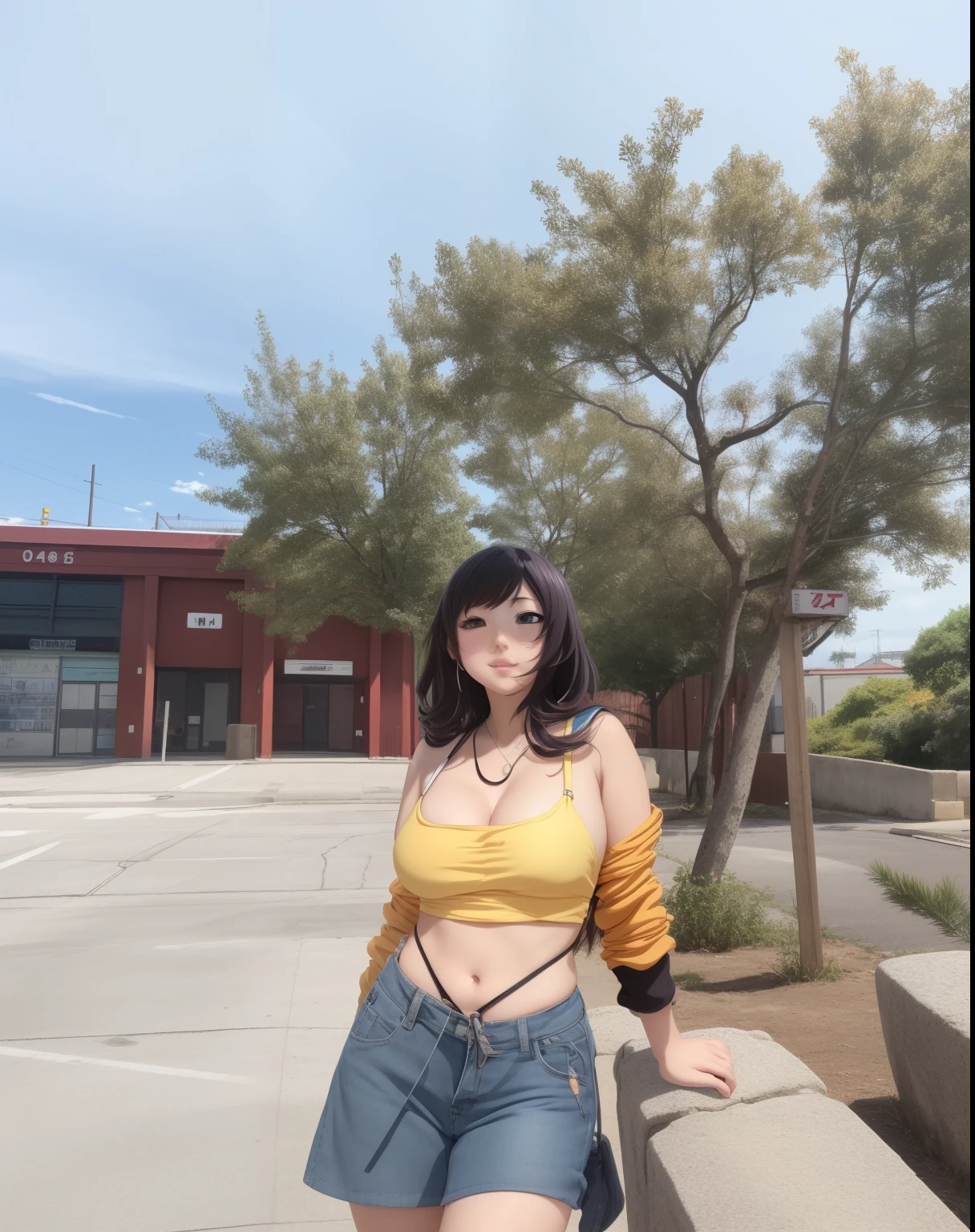 "A towering Giantess in a cool and laid-back hippie style is rocking a crop top and baggy pants. Her toned and athletic build hints at her massive strength. She seems to be casually strolling through the bustling cityscape of GTS City, as towering buildings loom overhead. Smoke and clouds roil around her, adding to the sense of epic scale and drama. The lighting is dark, gloomy, and realistic, creating a tense and ominous atmosphere. The perspective is from below, emphasizing the sheer majesty and power of the Giantess."