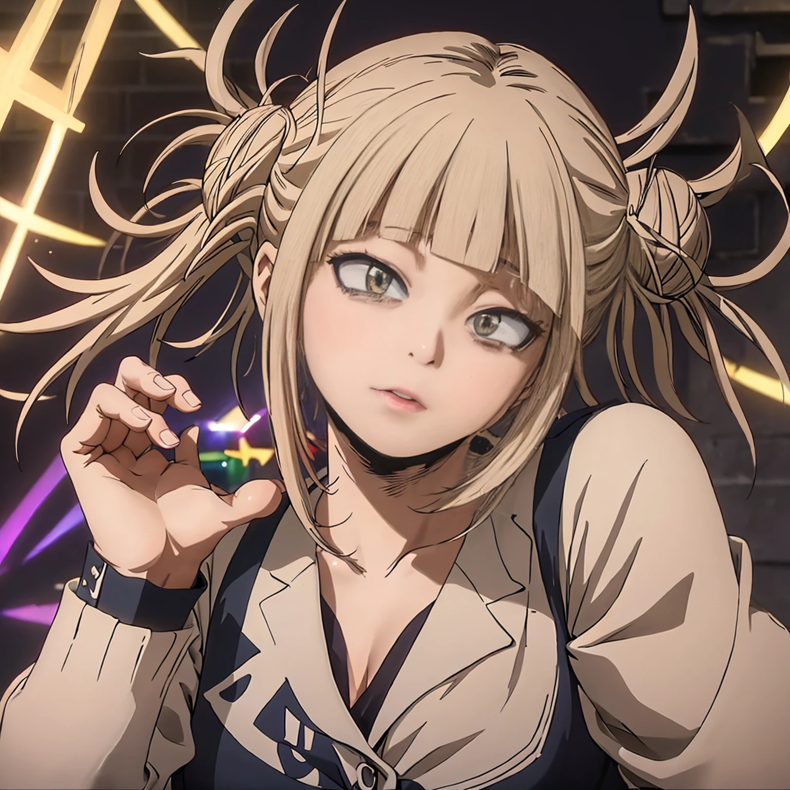 (a girl with short disheveled pink hair,wide crazed brown eyes,wearing a beige school uniform)[anime:1.1,highres,best quality,phsyically-based- rendering,portraits,vivid colors]. In this dramatic and captivating artwork,(Himiko Toga) from the popular anime series "My Hero Academia" is the focal point. Her pink hair adds a touch of uniqueness and her wide, crazed brown eyes depict her mischievous and unpredictable nature. She is shown wearing a beige school uniform, giving her a youthful and innocent appearance.

To enhance the overall quality and realism of the image, I envision the artwork being rendered in a high-resolution format (4k or 8k) with physically-based rendering techniques. This will create a detailed and lifelike portrayal of Himiko Toga.

The colors in the artwork should be vibrant and vivid to bring out the anime aesthetics. The portraits style will focus on capturing the essence of Himiko Toga's character, showcasing her personality and allure. The use of vivid colors will further enhance the dynamic nature of the artwork.

Lighting plays an important role in setting the mood of the scene. Studio lighting techniques can be used to create a balanced illumination, highlighting the details of Himiko Toga's face and uniform. This will add depth and dimension to the artwork.

To summarize, the prompt for this artwork featuring Himiko Toga from "My Hero Academia" would look like this:
(a girl with short disheveled pink hair,wide crazed brown eyes,wearing a beige school uniform)[anime:1.1,highres,best quality,physically-based rendering,portraits,vivid colors],styleType], HDR, studio lighting].