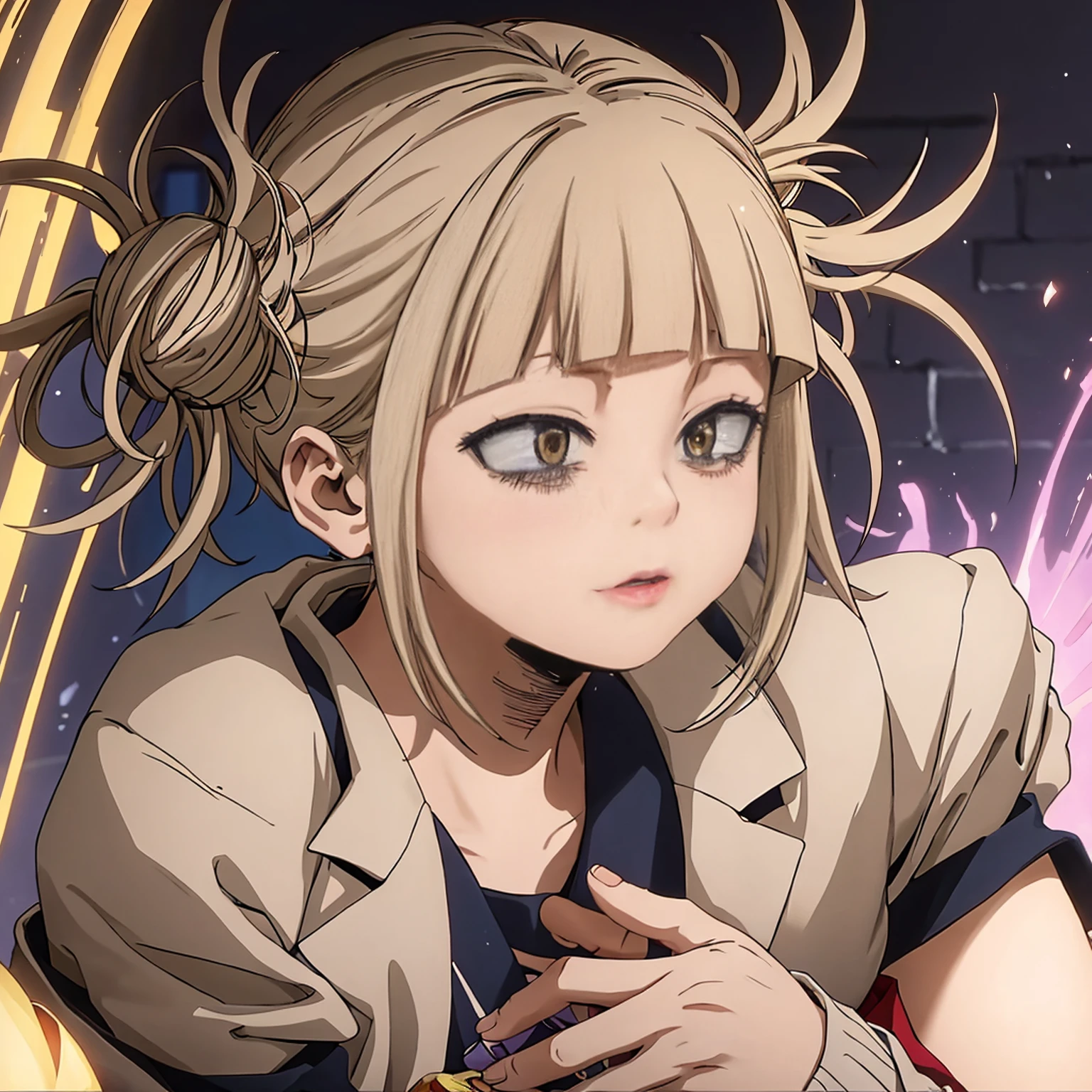 (a girl with short disheveled pink hair,wide crazed brown eyes,wearing a beige school uniform)[anime:1.1,highres,best quality,phsyically-based- rendering,portraits,vivid colors]. In this dramatic and captivating artwork,(Himiko Toga) from the popular anime series "My Hero Academia" is the focal point. Her pink hair adds a touch of uniqueness and her wide, crazed brown eyes depict her mischievous and unpredictable nature. She is shown wearing a beige school uniform, giving her a youthful and innocent appearance.

To enhance the overall quality and realism of the image, I envision the artwork being rendered in a high-resolution format (4k or 8k) with physically-based rendering techniques. This will create a detailed and lifelike portrayal of Himiko Toga.

The colors in the artwork should be vibrant and vivid to bring out the anime aesthetics. The portraits style will focus on capturing the essence of Himiko Toga's character, showcasing her personality and allure. The use of vivid colors will further enhance the dynamic nature of the artwork.

Lighting plays an important role in setting the mood of the scene. Studio lighting techniques can be used to create a balanced illumination, highlighting the details of Himiko Toga's face and uniform. This will add depth and dimension to the artwork.

To summarize, the prompt for this artwork featuring Himiko Toga from "My Hero Academia" would look like this:
(a girl with short disheveled pink hair,wide crazed brown eyes,wearing a beige school uniform)[anime:1.1,highres,best quality,physically-based rendering,portraits,vivid colors],styleType], HDR, studio lighting].