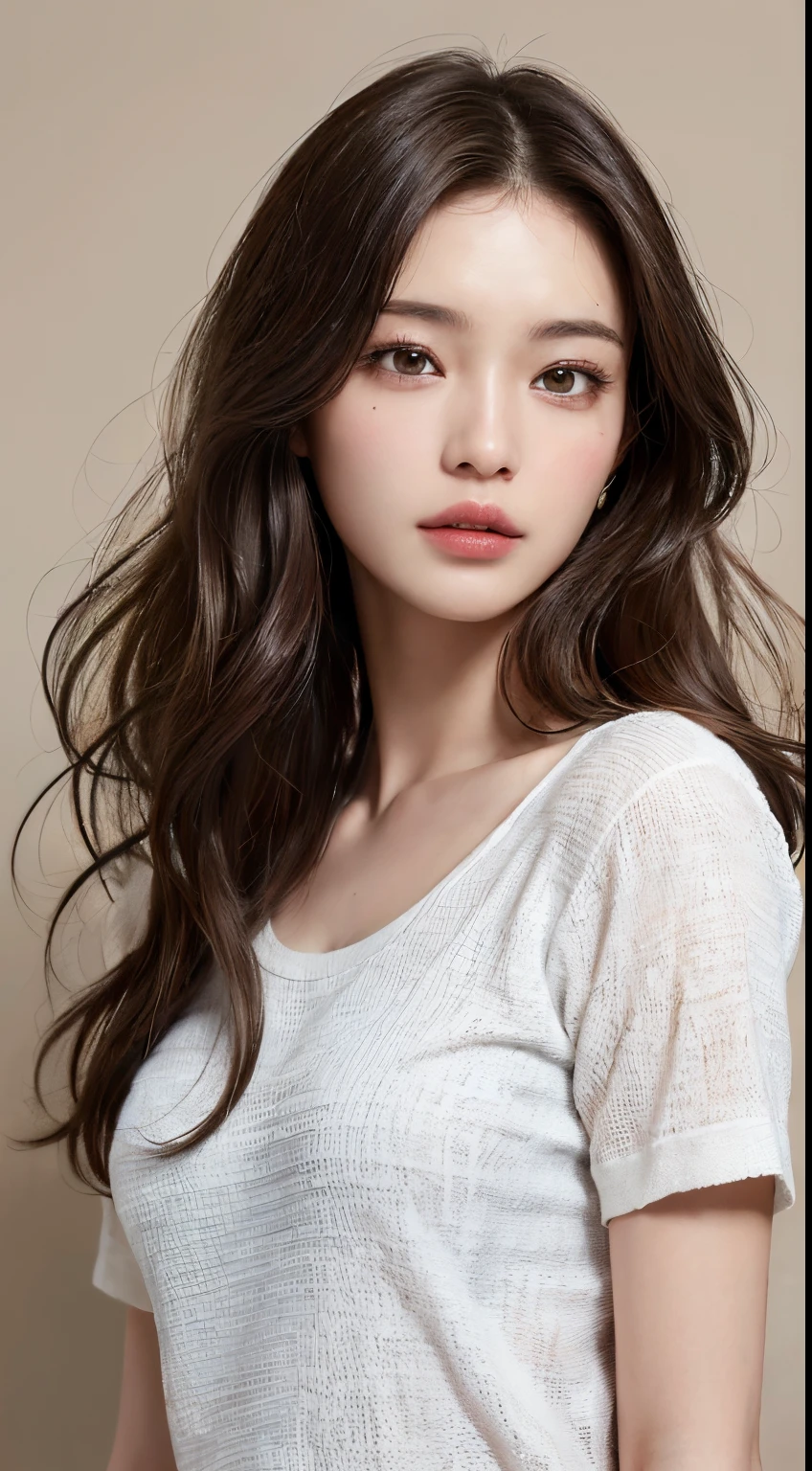 (top-quality、hight resolution、​masterpiece:1.3)、Pretty women、Slender figure、Dark brown hair styled in loose waves、tshirts、Intricate details exquisitely rendered in the texture of the face and skin、A detailed eye、二重まぶた