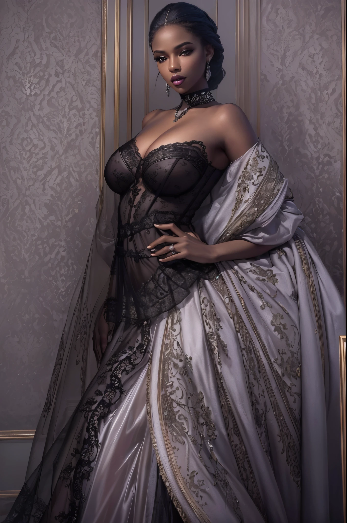 (best quality,4k,8k,highres,masterpiece:1.2),ultra-detailed,(realistic,photorealistic,photo-realistic:1.37),gorgeous black woman, seductive gaze, full lips, elegant posture, gothic background, sensual beauty, glamorous fashion, elegant gown, dark colors, moody lighting, full body pose