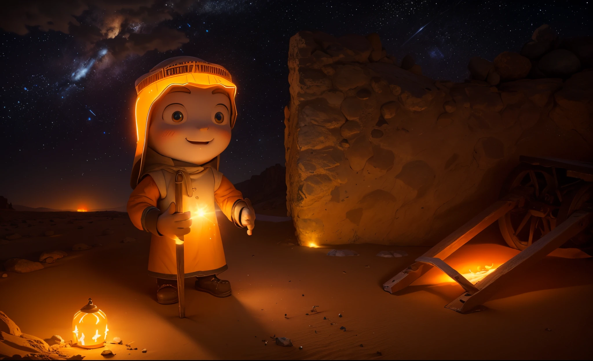 sheep shepherd in the desert with a bright orange light illuminating his right side next to the remains of a cart looking happily at a very bright orange light, in the background a stone wall and the dark sky full of stars and a comet crossing the sky