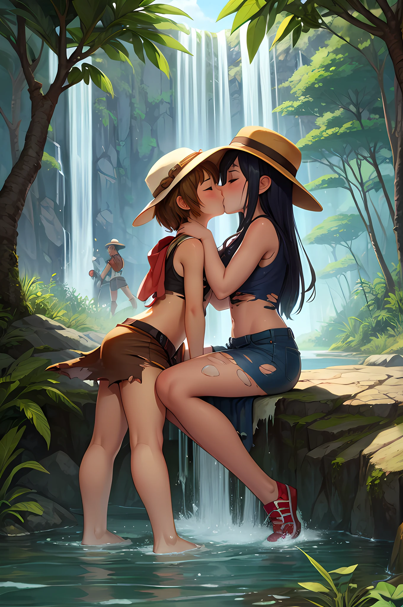 , adventurer, Indiana Jones clothes, hat, torn clothing, washing in river, kissing, interracial sex, catched, jungle, waterfall, high quality, 4k