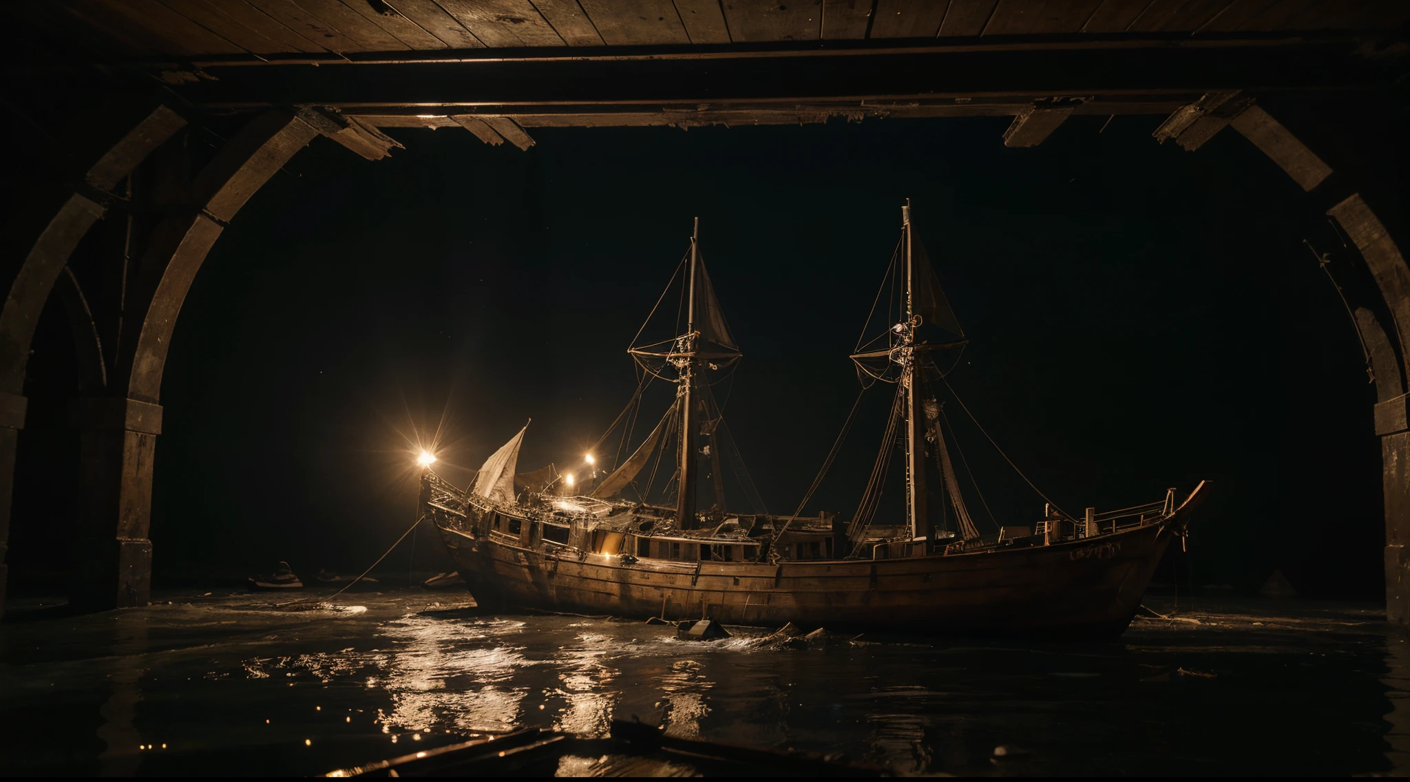 "Close your eyes and transport yourself to an ultra-realistic scene where the wreckage of a caravel boat is adrift in dark brown waters, Near the banks of a mysterious river. Describe in detail what the remains of the ship looked like, Like the broken planks, as velas desgastadas e as cordas soltas. Explore the sense of desolation and the passage of time, As the wreckage drifts slowly into the river.”