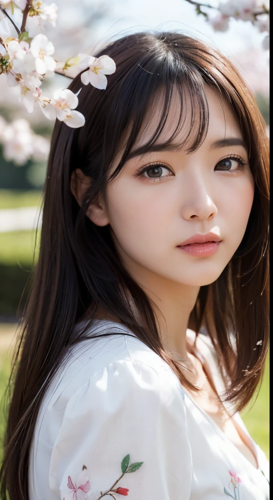 (A logo、masterpiece、8K、masutepiece、Raw photo、Fantastic、Best Quality、Photorealistic、extremely detailed CG unified 8k wallpaper、hightquality、ighly detailed、epic poem、Particle effect、Dynamic effects、depth of fields、Cinematic Light、Lens Flare、Ray tracing)、Fantasia、 (Beauty 1 person、White Japanese Clothing、Japanese dress、White cherry blossom pattern、White cherry blossom embroidery pattern、A dark-haired、Beautiful face、Real Face、Beautiful detail eyes、Beautiful skin)、Hair flutters in the wind、Hair jumps、Pink cherry blossom tree、Petals flutter、Sakura blizzard、Superb view、morning glow、Sun in the background、the wind、Deities、tusk、myth、Vast Land、