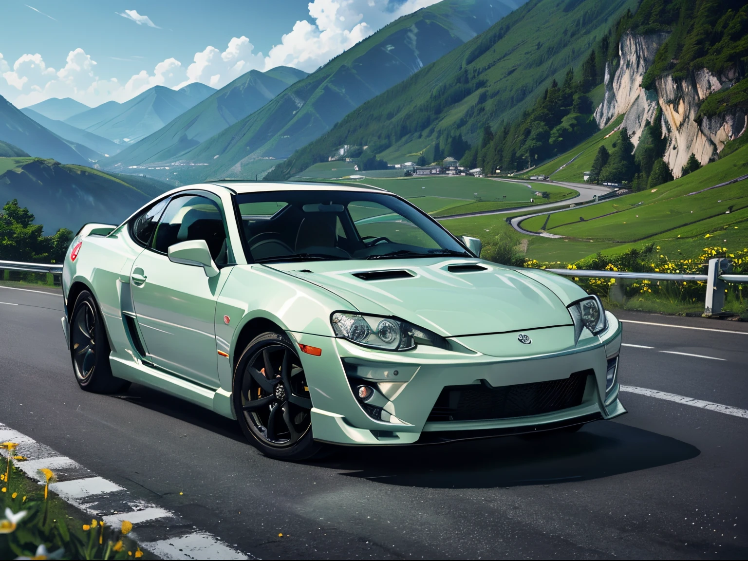 超A high resolution、An ultra-high picture quality、8K、Detailed details、marvelous expression、early summer valley、beautiful fresh green、A white sports car runs elegantly on a pass road built along the mountain..、((Toyota CelicaXX2000 Tommy Kaila))