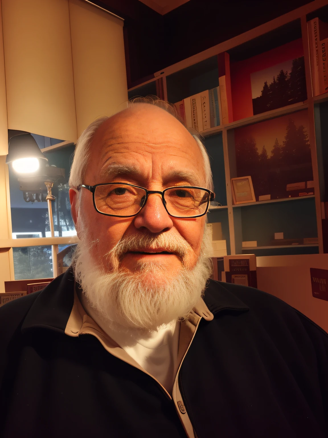 A wise old man standing in front, illuminated by the light of a lamp, against the backdrop of a library