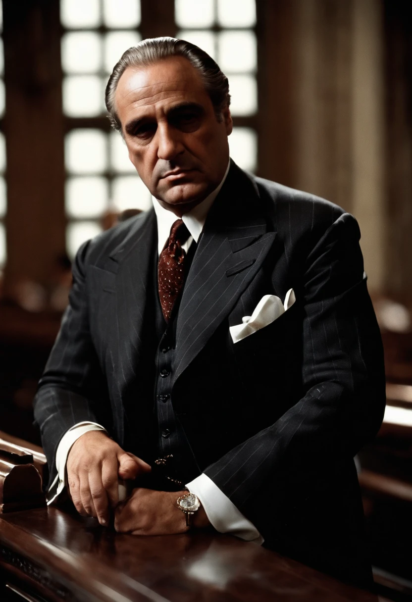 A black and white photo of Don Vito Corleone lighting a candle in a church,The Godfather,Don Vito Corleone has a distinctive and memorable appearance that adds to his powerful presence.
1. Bald Head: Don Vito Corleone is depicted as having a bald head, which is often seen as a symbol of his wisdom and authority. His smooth and clean-shaven scalp enhances his commanding presence and gives him a distinctive physical trait.
2. Strong Facial Features: Don Vito Corleone has a strong and expressive face. He is often portrayed with a prominent jawline and high cheekbones, which contribute to his rugged and formidable appearance. His face carries a sense of gravitas and intensity, reflecting the weight of his responsibilities and the power he wields.
3. Piercing Eyes: One of the most striking features of Don Vito Corleone's look is his piercing gaze. His eyes are often depicted as dark and intense, capable of conveying a range of emotions from kindness to sternness. They reflect his sharp intellect and ability to see through people and situations.
4. Distinguished Aging: Don Vito Corleone is typically shown as an older man, and his aging features add to his aura of wisdom and experience. He may have wrinkles and lines on his face, indicating the passage of time and the hardships he has endured. These signs of aging also serve as a visual testament to his resilience and strength.
5. Formal Attire: Don Vito Corleone is known for his impeccable sense of style and typically dresses in elegant and formal attire. He often wears well-tailored suits, often in dark colors like black or charcoal gray. His clothing reflects his status as a powerful and respected figure, exuding an air of sophistication and respectability.
6. Accessories: Don Vito Corleone is often seen wearing accessories that further enhance his character. He may wear a fedora hat, which adds a touch of classic charm and authority to his look. Additionally, he might have a signature ring, such as the iconic Don's ring, which symbolizes his position of power within the Corleone family.
Overall, Don Vito Corleone's look combines strength, elegance, and a sense of timeless style. His physical appearance serves as a visual representation of his character, reflecting his power, wisdom, and status as the formidable leader of the Corleone crime family.
7. Broad Shoulders and Sturdy Build: Don Vito Corleone is often depicted as having a robust and solid physique. He has broad shoulders and a sturdy build, which adds to his imposing presence and physical strength. This physical stature further emphasizes his role as a dominant figure within his criminal empire.
8. Facial Expressions: Don Vito Corleone's face is known for its ability to convey a range of emotions and nuances. He can exhibit a calm and collected expression, exuding an air of authority and control. At the same time, his face can transform to reflect his anger, disappointment, or tenderness, making his emotions palpable and adding depth to his character.
9. Graying Hair: In many portrayals, Don Vito Corleone has graying or salt-and-pepper hair, which signifies his age and experience. The touch of gray in his hair adds to his distinguished appearance, suggesting wisdom and maturity. It serves as a visual cue for his years of being a respected and influential figure within his community.
10. Scar: In some depictions, Don Vito Corleone may have a visible scar on his cheek or jawline. The scar serves as a reminder of the dangers and conflicts he has faced throughout his life. It hints at his past struggles and the violence that permeates his world, further emphasizing the complexity of his character.
11. Stoic Expression: Don Vito Corleone often maintains a stoic expression, revealing little of his inner thoughts or emotions. This reserved demeanor adds to his air of mystery and unpredictability. It also reflects his ability to keep a calm and composed exterior even in the face of challenging situations, further enhancing his image as a master strategist.
12. Body Language: Don Vito Corleone's body language is often measured and deliberate. He moves with purpose and confidence, commanding attention wherever he goes. His gestures and postures exude a sense of authority, reinforcing his position as a leader and someone to be respected.
These additional details about Don Vito Corleone's look contribute to his iconic and memorable appearance. The combination of his physical features, attire, and body language helps establish him as a formidable and enigmatic figure in the world of "The Godfather."