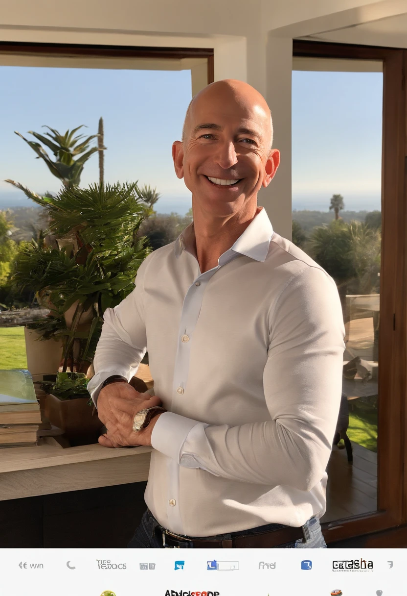 A photo of Bezos hosting an exclusive tech summit at his private mansion,original,Jeff Bezos, the founder of Amazon, is known for his bald head and often a warm, yet measured smile, presenting a recognizable and influential figure in the tech world. He usually appears in public wearing professional yet relatively understated attire, reflecting his practical approach to business and life. He’s gotten absolutely jacked after taking lots of testosterone and HGH.