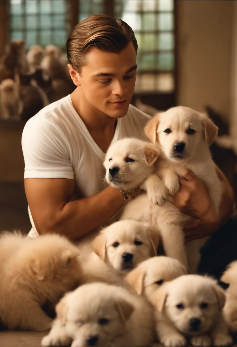 The image is of Di Caprio volunteering at a local animal shelter, surrounded by adorable puppies and kittens who are eagerly seeking attention and love.,original,Very handsome young Leonardo Di Caprio