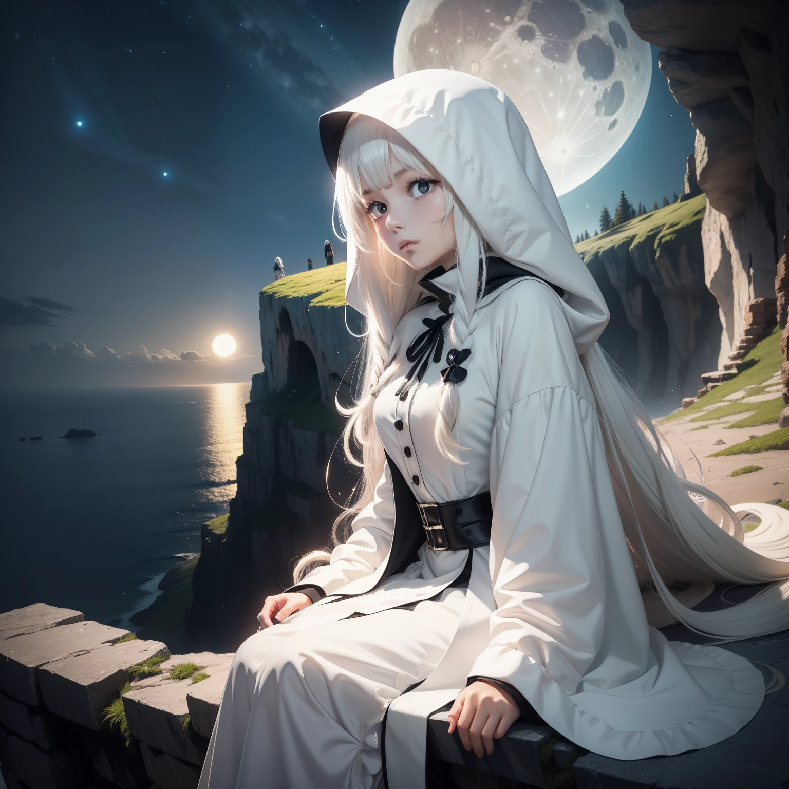 Young girl, white hair, long hair, white eyes, wearing white dress and with black hood,in a cliff, on a cliff, in the center of the image, blue moon behind, moonlit, landscape, masterpiece, best quality, HD anime, 4k