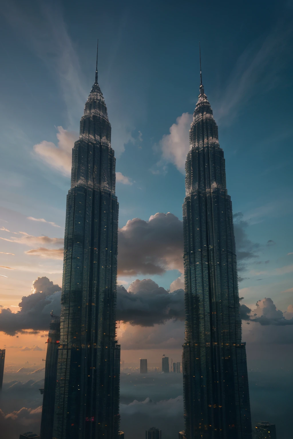 Kuala Lumpur Petronas Twin Towers, Towering over the landscape, magicle world, ​​clouds, Magical elements surround the tower, Fantastic creatures, Warcraft, Cinematic, Intricate and very detailed, (Super detailed CG unity 8K wallpaper), Shoot from below, low angles, A little perspective, neon sky