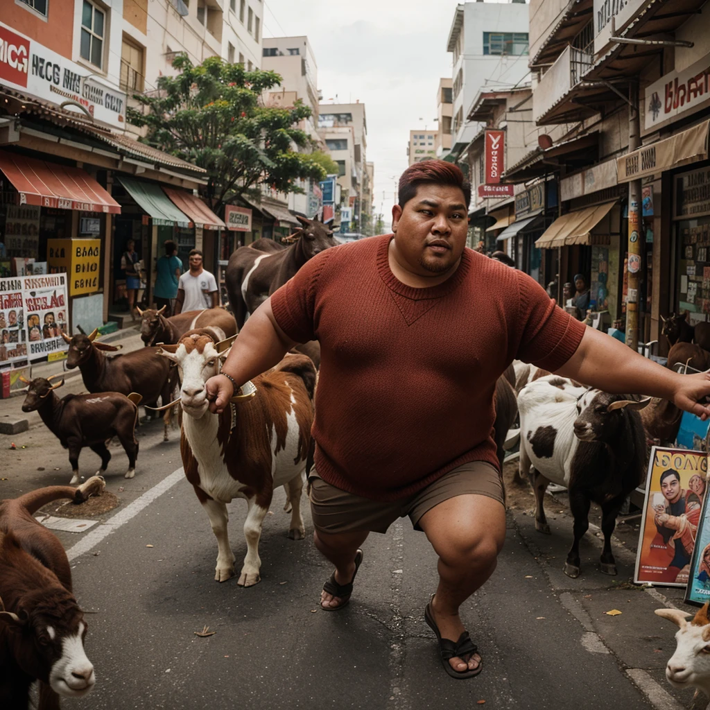 giant handsome Indonesian guy, fat, red hair, wearing a sweater with a poster with the name EDITOR.KECE, rampaging through the city, everyone runs, carrying goats, chickens, buffalo, cats