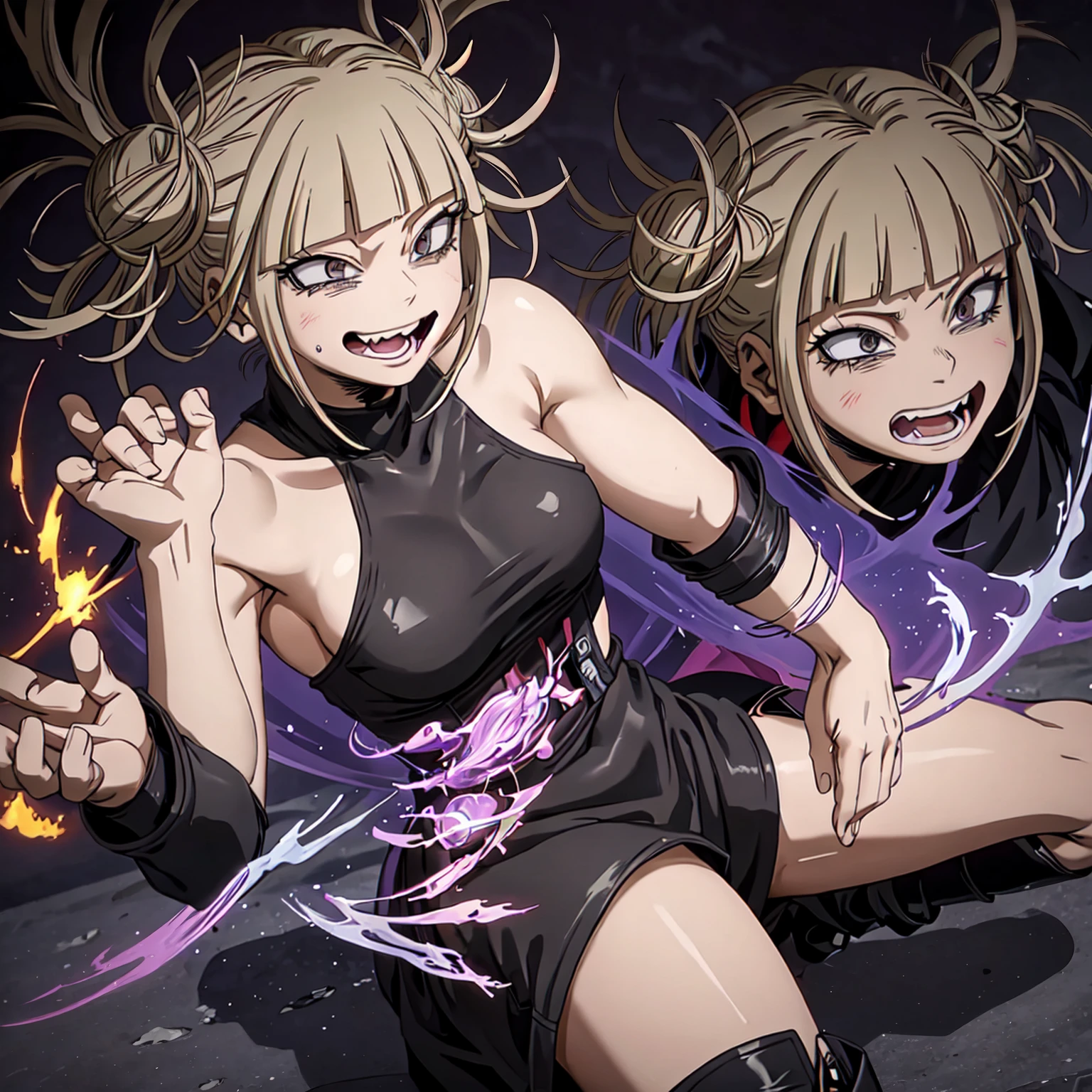 Himiko Toga,anime,sexy,my hero academia,dangerous expression,red blood,snake-like movements,sharp teeth,piercing eyes,pale skin,short blonde hair,bloodstains on clothes,smiling sadistically,crazy aura,dark background,powerful quirk,masked face,night scene,contrast lighting,bright red lipstick,seductive smile,jagged knife,black leather outfit,provocative pose,alluring eyes,hair accessories,villainous character,playful attitude,distinctive laugh,creepy charm,pouty lips,hypnotic gaze,ominous atmosphere,artistic rendering,high contrast,gritty texture,intense shadows,mysterious aura,vibrant colors,graceful movements,menacing presence,anime-style,expressive eyes,emotionally unstable,unique personality,complex character.