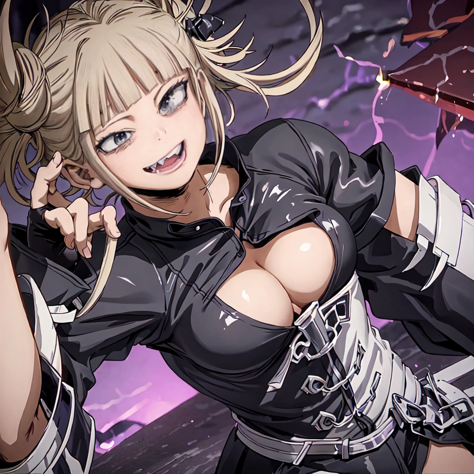 Himiko Toga,anime,sexy,my hero academia,dangerous expression,red blood,snake-like movements,sharp teeth,piercing eyes,pale skin,short blonde hair,bloodstains on clothes,smiling sadistically,crazy aura,dark background,powerful quirk,masked face,night scene,contrast lighting,bright red lipstick,seductive smile,jagged knife,black leather outfit,provocative pose,alluring eyes,hair accessories,villainous character,playful attitude,distinctive laugh,creepy charm,pouty lips,hypnotic gaze,ominous atmosphere,artistic rendering,high contrast,gritty texture,intense shadows,mysterious aura,vibrant colors,graceful movements,menacing presence,anime-style,expressive eyes,emotionally unstable,unique personality,complex character.