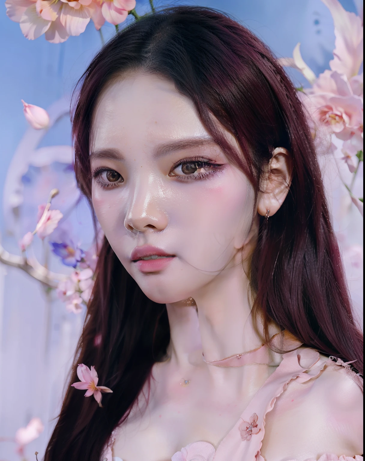 un primer plano de una mujer con cabello largo y una flor rosa en la cara, maquillaje popular de Corea del Sur, inspirado por Yanjun Cheng, maquillaje coreano popular, Beautiful aesthetic face, Yanjun Chengt, Ethereal Beauty, with ethereal flowering effects, Obras de arte al estilo de Guweiz, Guweiz, por Ye Xin, inspirado por Ma Yuanyu