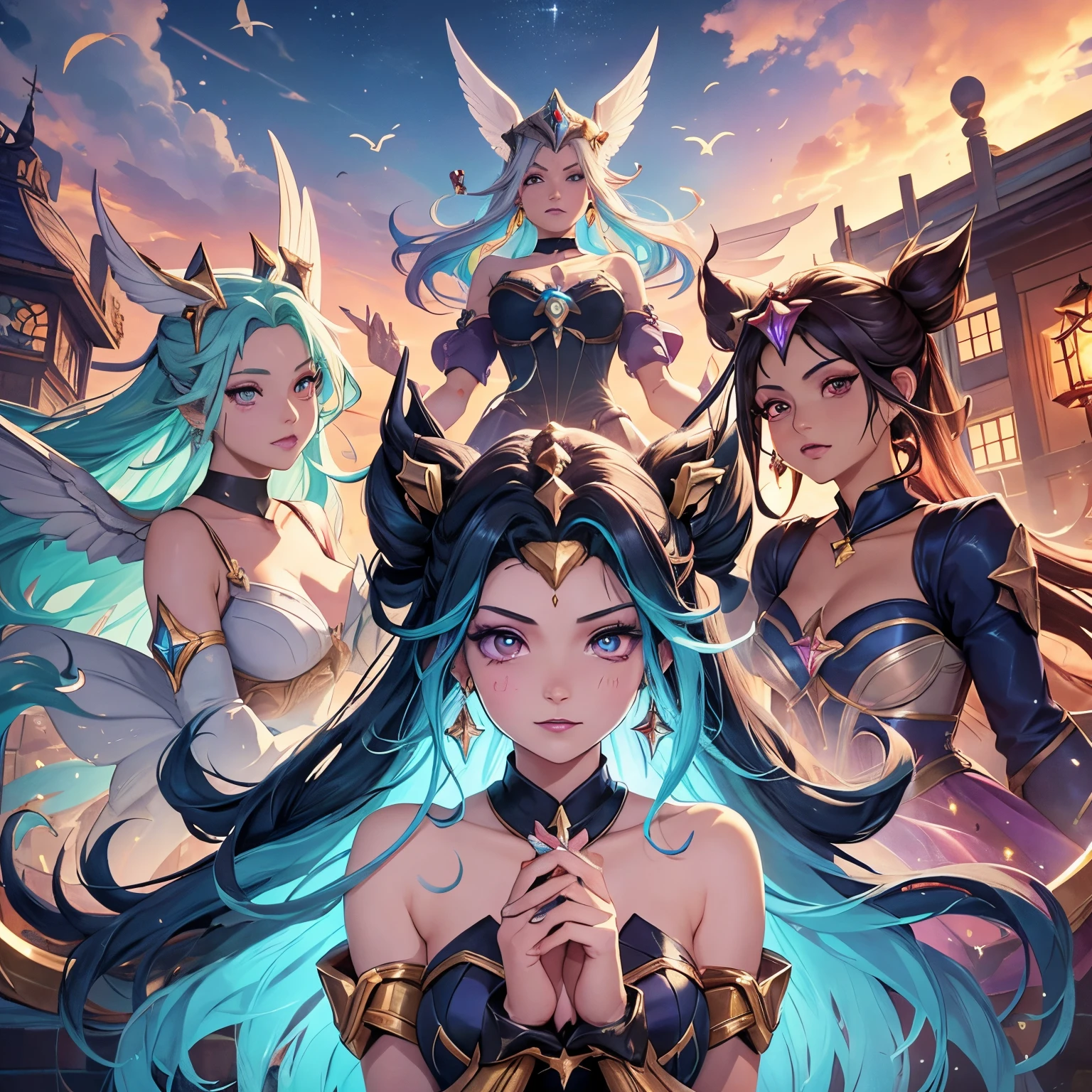 A group of 5 magical girls (Grupo Mahou Shoujo) flying together around a round and golden bird cage where a beautiful bird is trapped and a chaotic and multicolored sky in the background and over them evil eyes of a chaotic and multicolored witch, perfect hands, ROSTOS PERFEITOS, Vestidos bonitos, cabelos super coloridos e vibrantes, rostos bonitos rostos perfeitos, cabelos bonitos, olhos expressivos, bocas bonitas, beautiful hands, detailed hands, beautiful hands, dedos perfeitos, numero de dedos de um ser humano, trend artstation, estilo league of legends