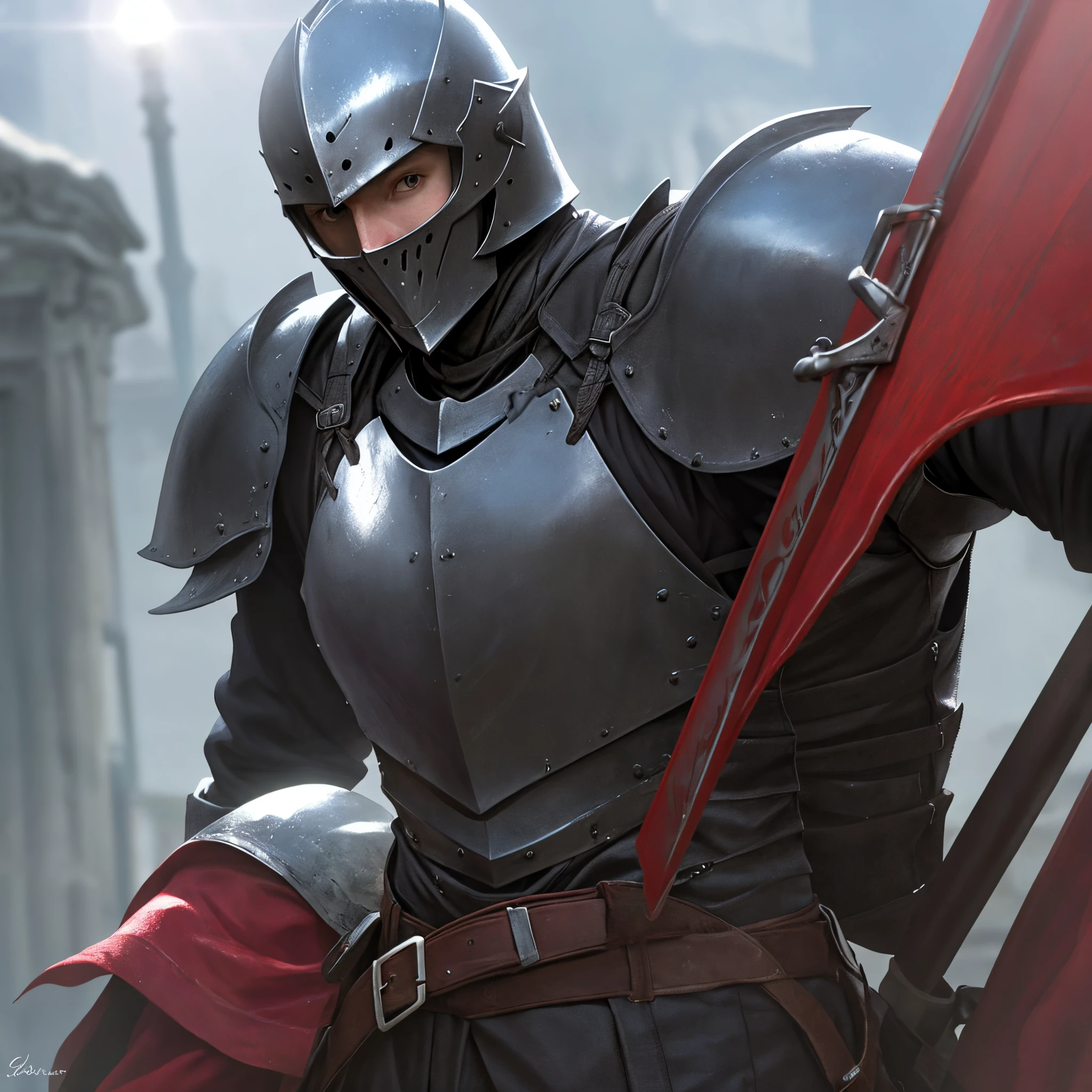 Black knight realistic photo, realistic light, red greatsword