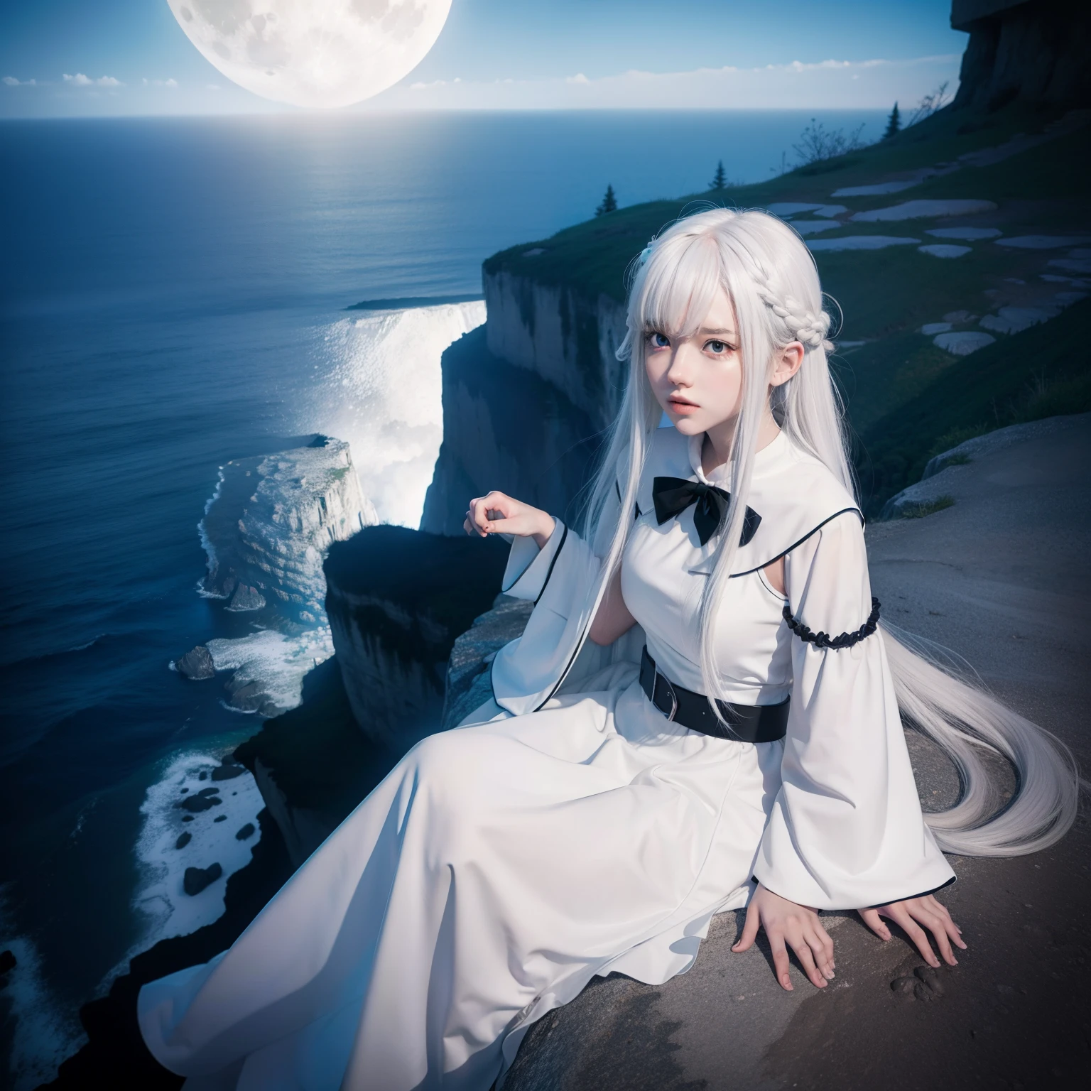 Anime, 1 Young girl, white hair, long hair, white eyes, wearing white dress and with black hood,in a cliff, on a cliff, in the center of the image, blue moon behind, moonlight, landscape, masterpiece, best quality, HD anime, 4k