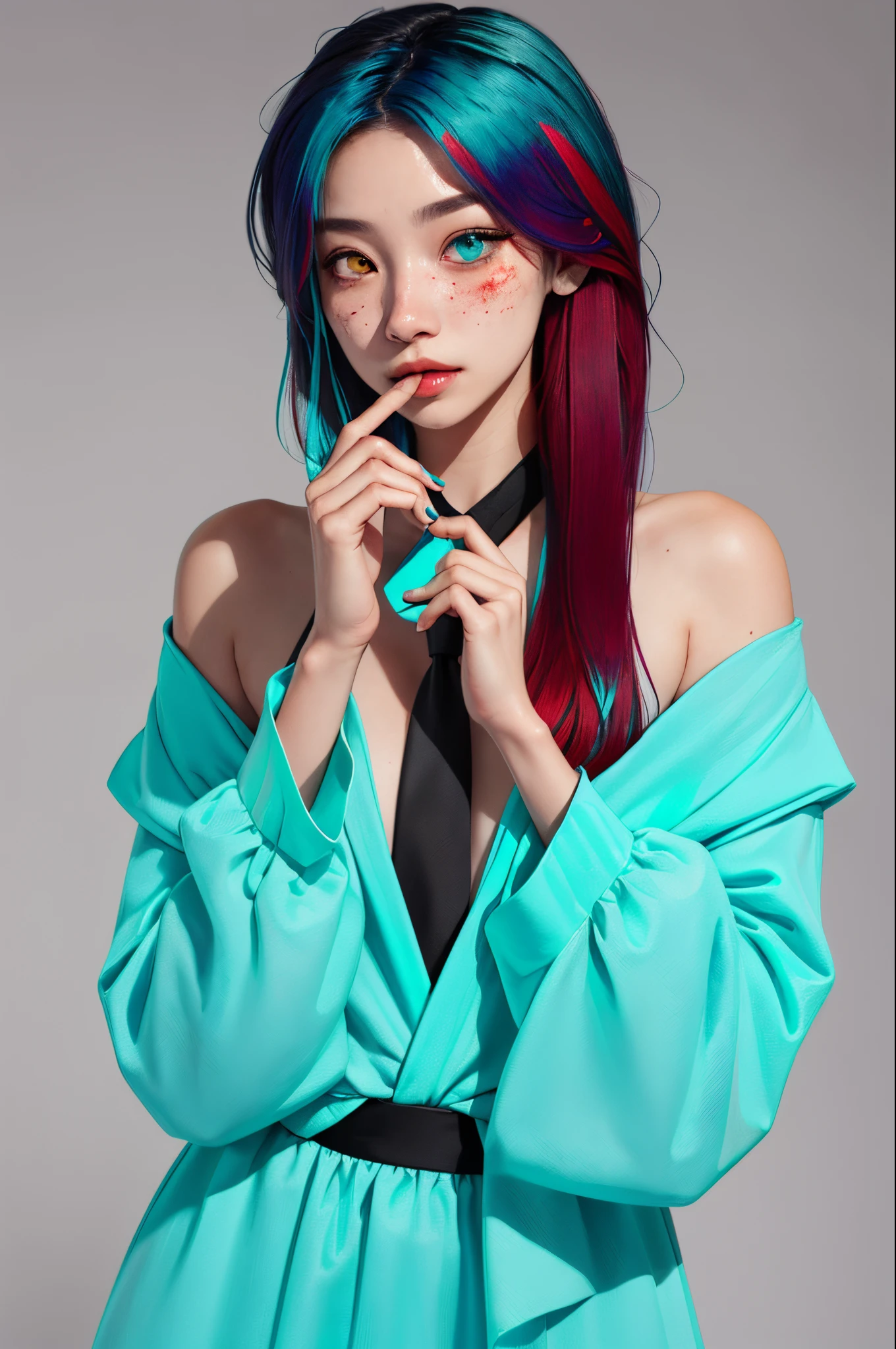 sketch, Watercolor, (low
quality), 1 Girl, solo, (Heterochromia, Purple right eye:1.6, Red left eye), (turquoise hair :2.0), (Straight hair), (Long hair:1.4), (turquoise dress: 1.4), (long-sleeved dress:1.2), (Shoulder-baring out fit) (black necktie: 1.2)
(two-toned hair:1.6) monochrome, grayscale, inaccurate hand, bad hand, too many fingers, missing finger, deformed eyes, missing fingers, acnes, skin blemishes, text, watermark,