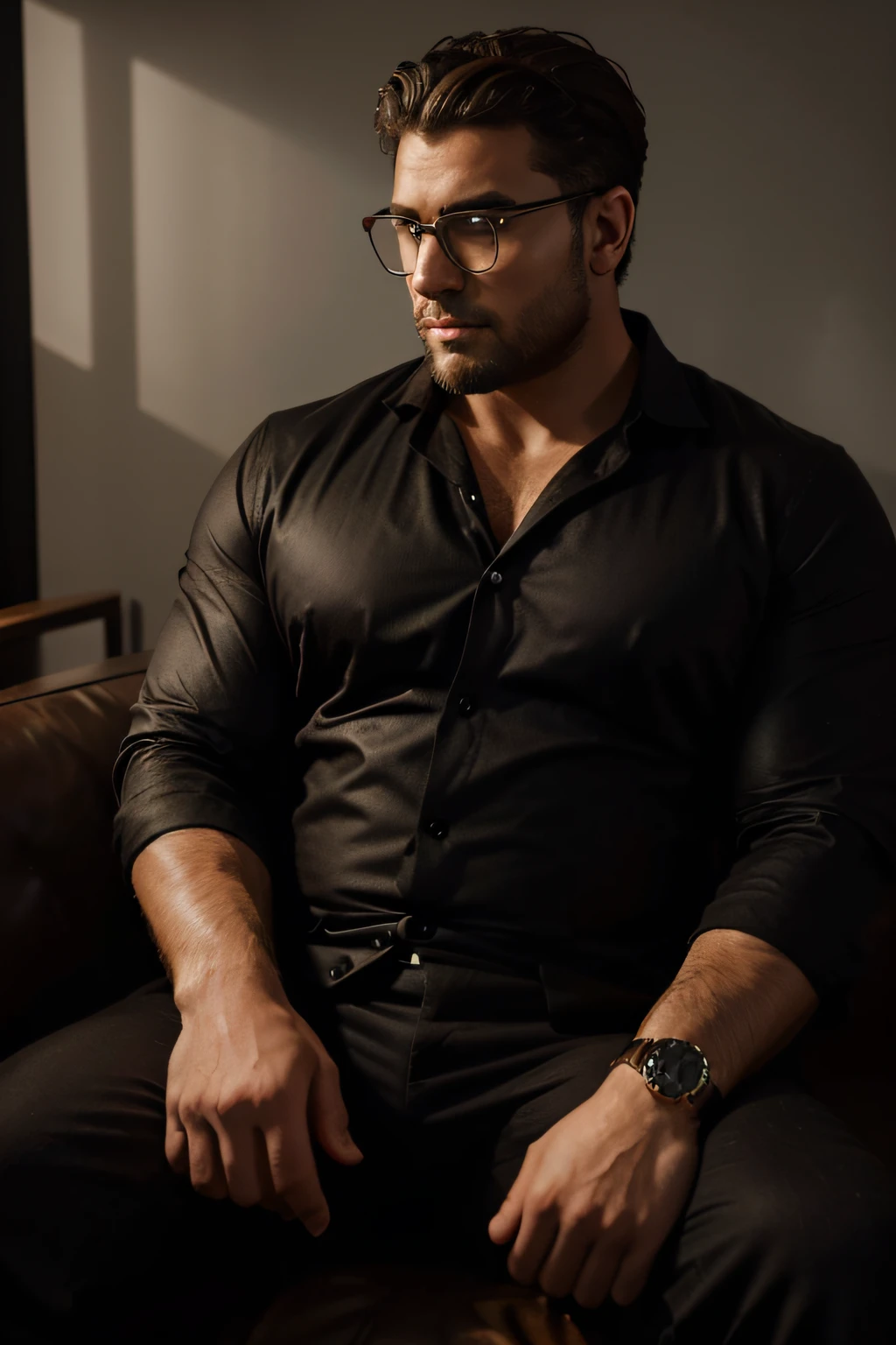 In a dark, moody room with dim lighting, a well-built, large man with a lightly tanned complexion and a slightly rounder face is seated. He has short, very curly dark hair, well-cut and shorter on the sides, and wears glasses with rectangular frames. His facial expression is intricate and captivating, with a well-groomed beard and captivating eyes. He is dressed in a suit without a tie, his shirt buttoned to the neck, and he sports a gold watch. The man is seated on a leather couch with a glossy texture. The image should be photorealistic, with vibrant colors, high-resolution quality, and dramatic shadows and highlights, adding a hint of mystery to the atmosphere. The overall composition should be tasteful and artistic, capturing the mood and setting without explicit content.