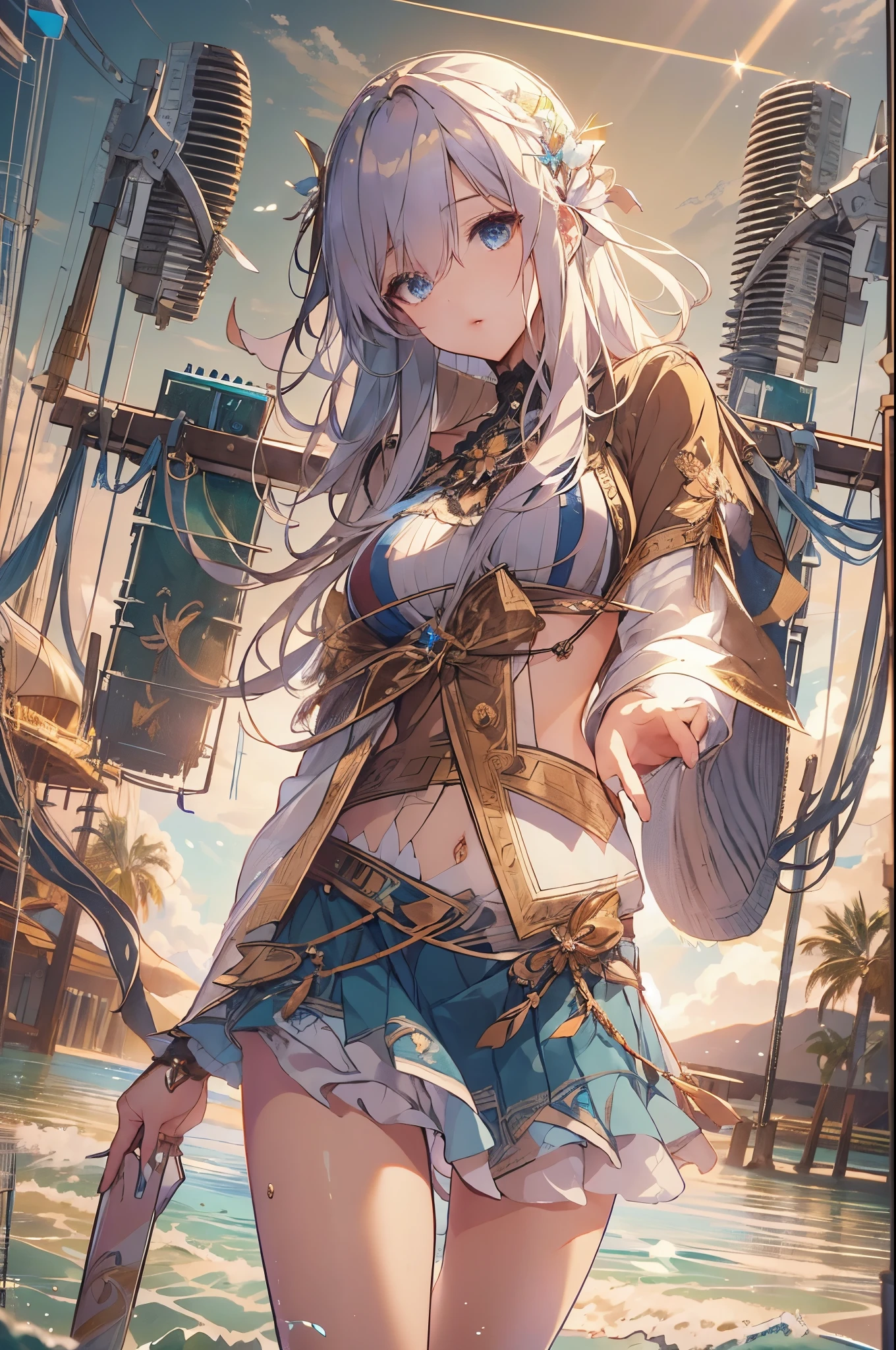 (best quality, masterpiece:1.4), high resolution, extremely details 8K unity CG wallpaper, (anime style, 2D illustration:1.3), BREAK girl, bikini, sea, beach, blue sky, sun, cloud, sunbeam, lens flare, cowboy shot,