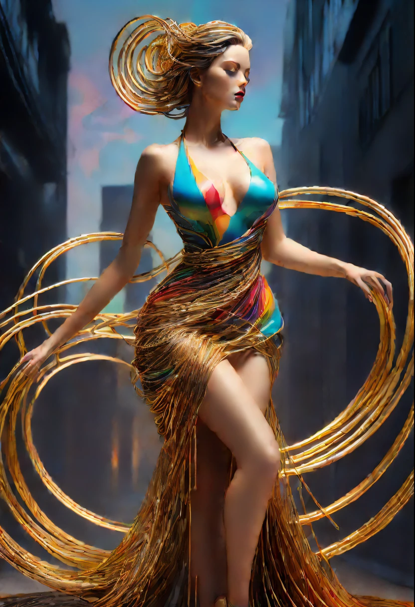 (line art:1.5),Colorful lines,A beautyful girl,model shoot style,abstract painting, (extremely detaild的 CG unified 8k wallpapers), A chaotic storm of lines rises from a complex rainbow of smoke overhead, Stylized abstract portrait of beautiful girl,heavy metal style,postmodern industrial style,ultra-realistic realism,Image of beautiful woman sculpture made from thin metal wire, golden curve structure, Woman sculpture made of wire, Spiral dripping gold, Metal curve composition, Winding streets, abstract female sculpture, Small whirlpools, abstract sculpture, twist, Rotated, complex metal wires, spirals, long exposure photos, line sleek, complex light