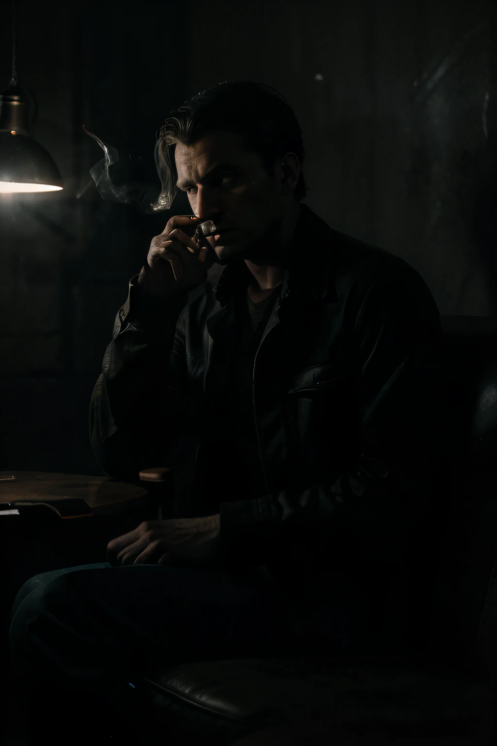 a man sitting in the background of a dimly lit room, smoking a cigarette, dark atmosphere, vintage art style, moody lighting, smoke swirling, deep shadows, retro feel, low-key color palette, detailed facial expression of concentration, worn-out furniture, textured walls, cinematic quality, film noir vibe, chiaroscuro lighting, a sense of mystery