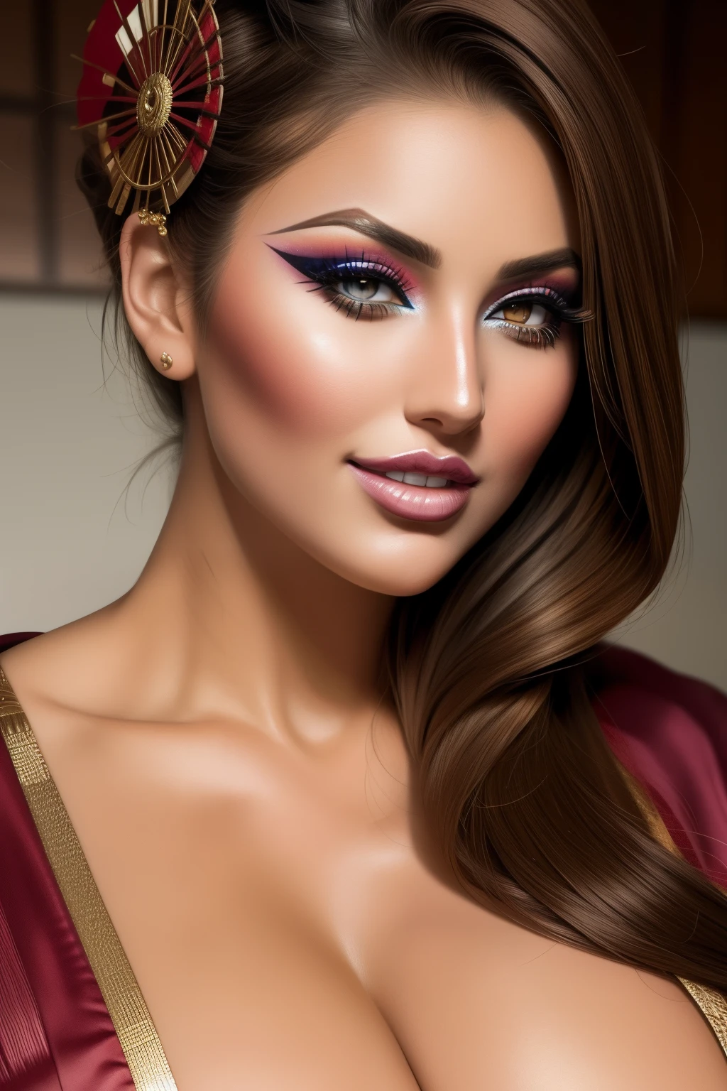 lucy pinder, face portrait, ((VERY INTENSE MAKEUP)), smiling, voluptuous, GEISHA