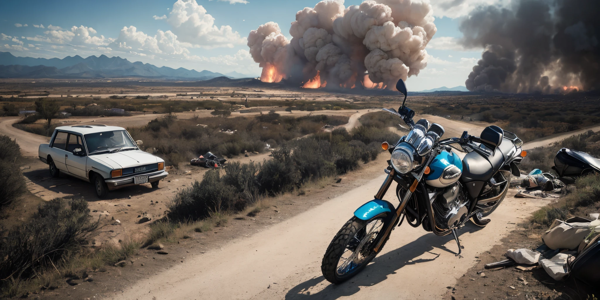 Motocicliasta motorcycle (estrada deserta, estrada de terra, sangue, smoke billowing, carros abandonados, jornais, objetos abandonados, bodies sprawled on the ground, estrada abandonada, apocalyptic scenery, cinematographic effect), (Melhor qualidade, obra prima, profundidade de campo, Full HD, 4K, riqueza de detalhes). Estilo retrato