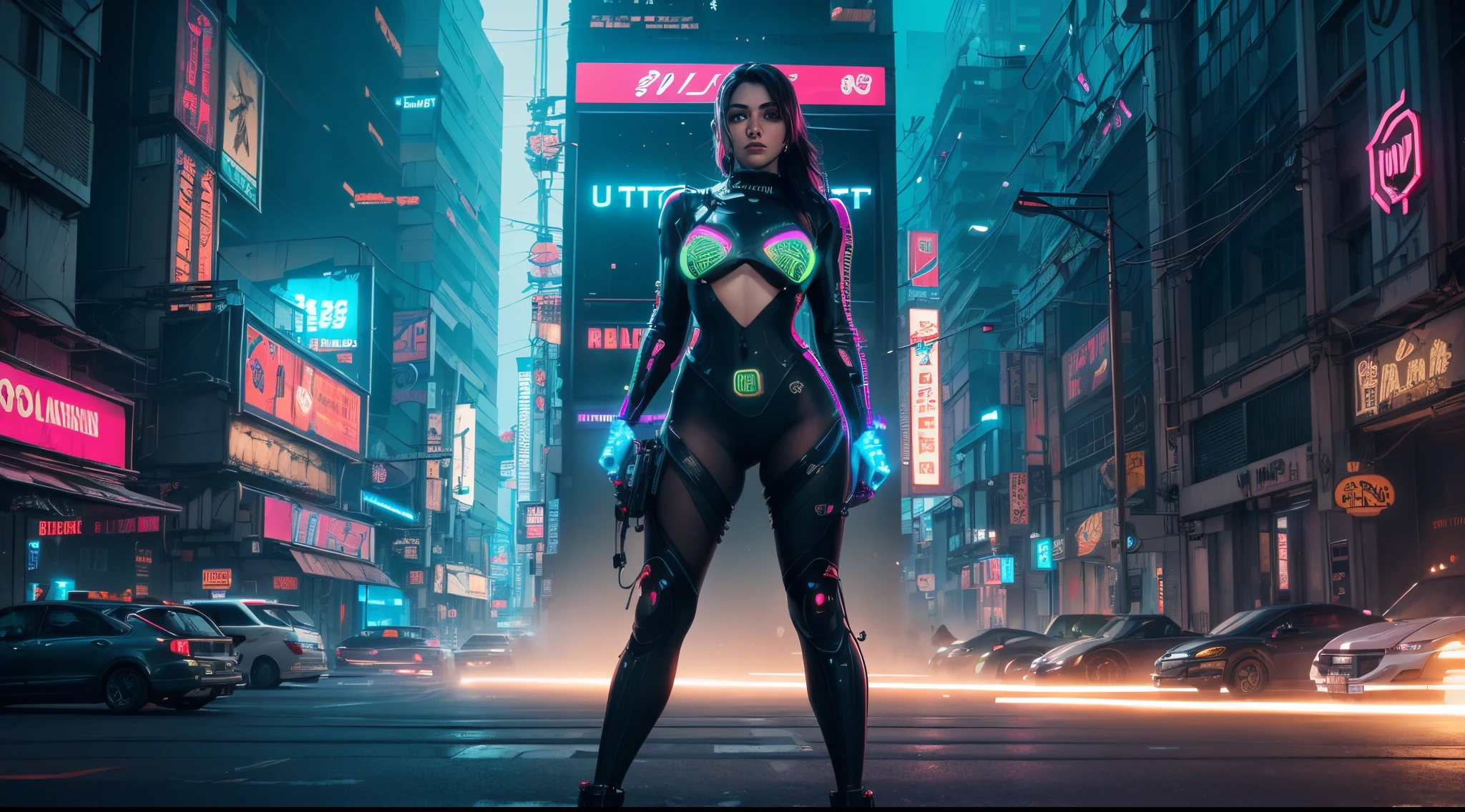 Unbeatable masterpiece, Ultra photo realsisim, Perfect artwork, Intricate details, Best quality, Strong light,High contrast,(Masterpiece:1.5), 1girll, (long whitr hair:1.5), futuristic robotic, (Holographic sci-fi scene:1.5), (Brilliant neon blue light:1.3), bright rim light, (Epic cinematic lighting:1.3), (Atmospheric volumetric illumination:1.3), (Extremely high 8K resolution:1.4), (Unreal Engine 5 real-time ray tracing:1.3), (Octane renders PBR materials:1.3), A perfectly composed shot, Dynamic Angle, (Extremely focused on detail:1.3), (Realistic depth of field:1.3), (Intricate cyberpunk décor:1.5), (Ultra-detailed cybernetics implants:1.5), Advanced bionics, Vivid neon circuit, (Photorealistic:1.5), full bodyesbian, Long legs, Dynamic pose, Curvy body, alluring gaze, Smooth skin, graceful stance, Intricate patterns, inviting glow, Perfect proportions, Sharp focus, Intricate details, Vivid colors, Glamorous, detailed implants, Fashion angle, Intricate accessories, Modern fashion, Trendy outfit, movie atmosphere, Atmospheric, voluminetric lighting, Depth of field, Intricate cyberpunk décor, Flawless skin, (Futuristic city landscape:1.2), (Holographic neon signboard:1.3), (Vibrant neon lights:1.2), Intricate metal structure, Complex machinery, Advanced technology, Stylish skyscraper, Flying vehicles, Expansive cityscape, detailed building, Bustling streets, Layering depth, sharp detailed, volume fog