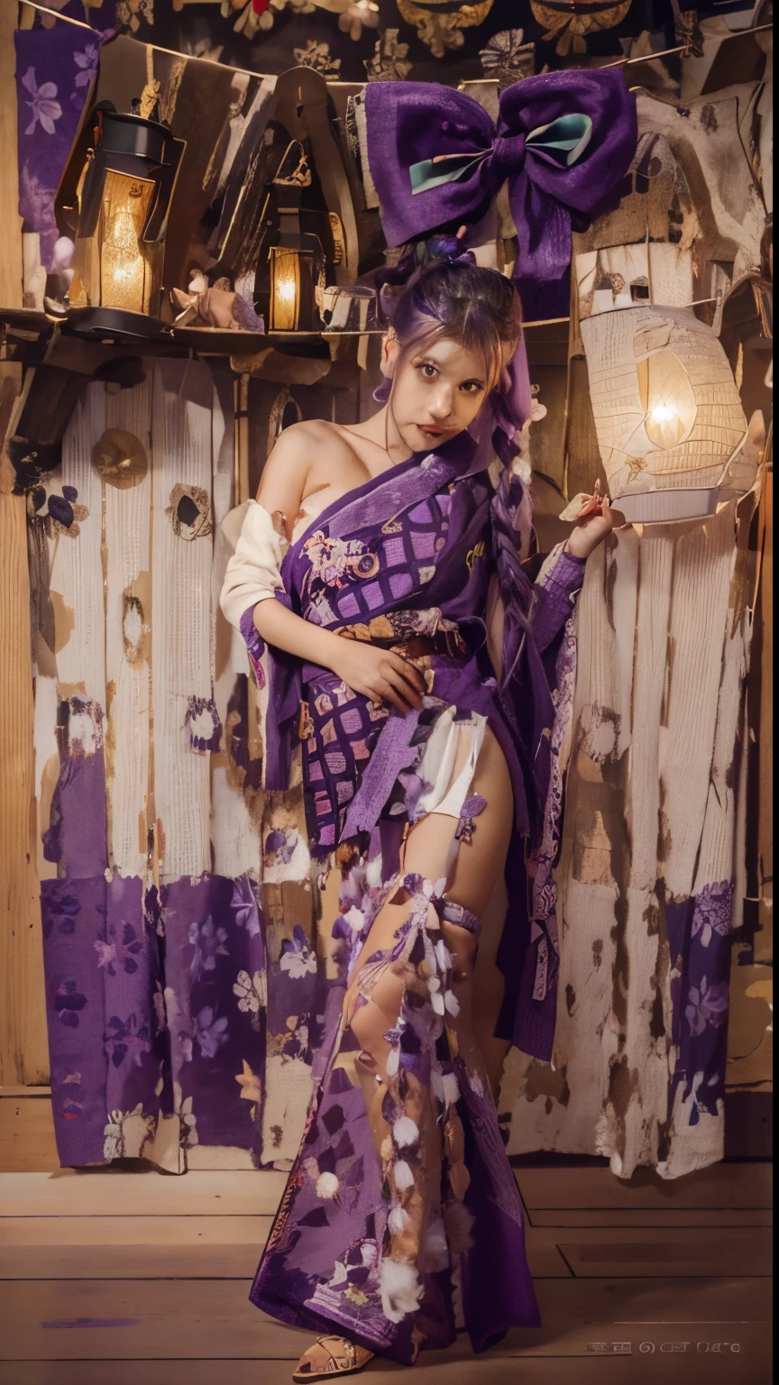 (japanese forest during autumn background:1.2),   <lora:doaayane-nvwls-v1:0.8> doaAyane, headband, purple kimono, bare shoulders, obi, detached sleeves, purple thighhighs, purple hair