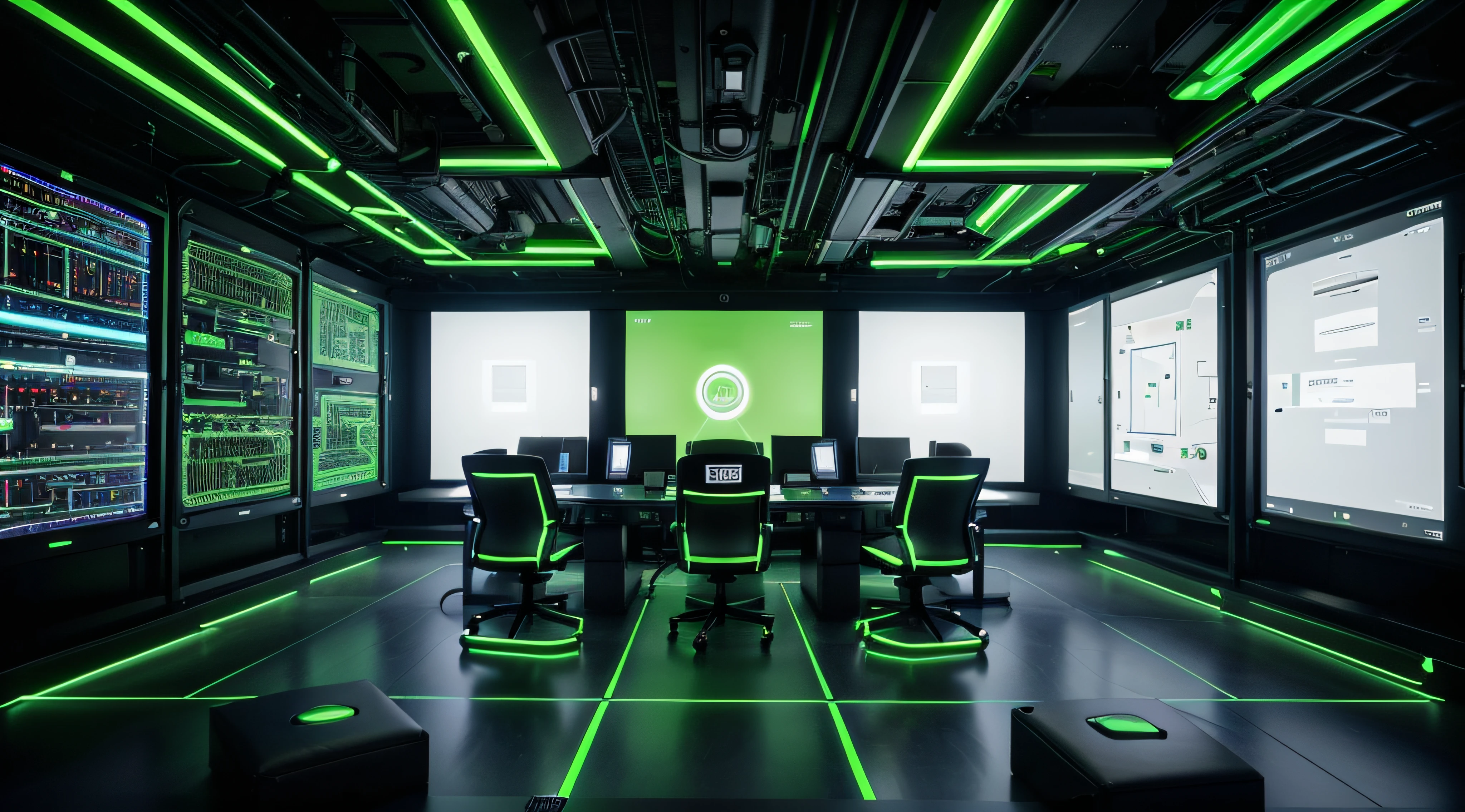 State-of-the-art data center, 1 towering server rack adorned with pulsating green LED lights, simple minimalist motherboards and circuit chips form a futuristic environment. The robust computer in the center with 6 large screen monitors, connected to the mainframe by robust network cables and neat and organized. Neon network cables exude a light green glow, symbolizing connectivity. A cutting-edge laser target creates a virtual maze digital landscape. Empty and white walls on both sides. Glass plates on the walls