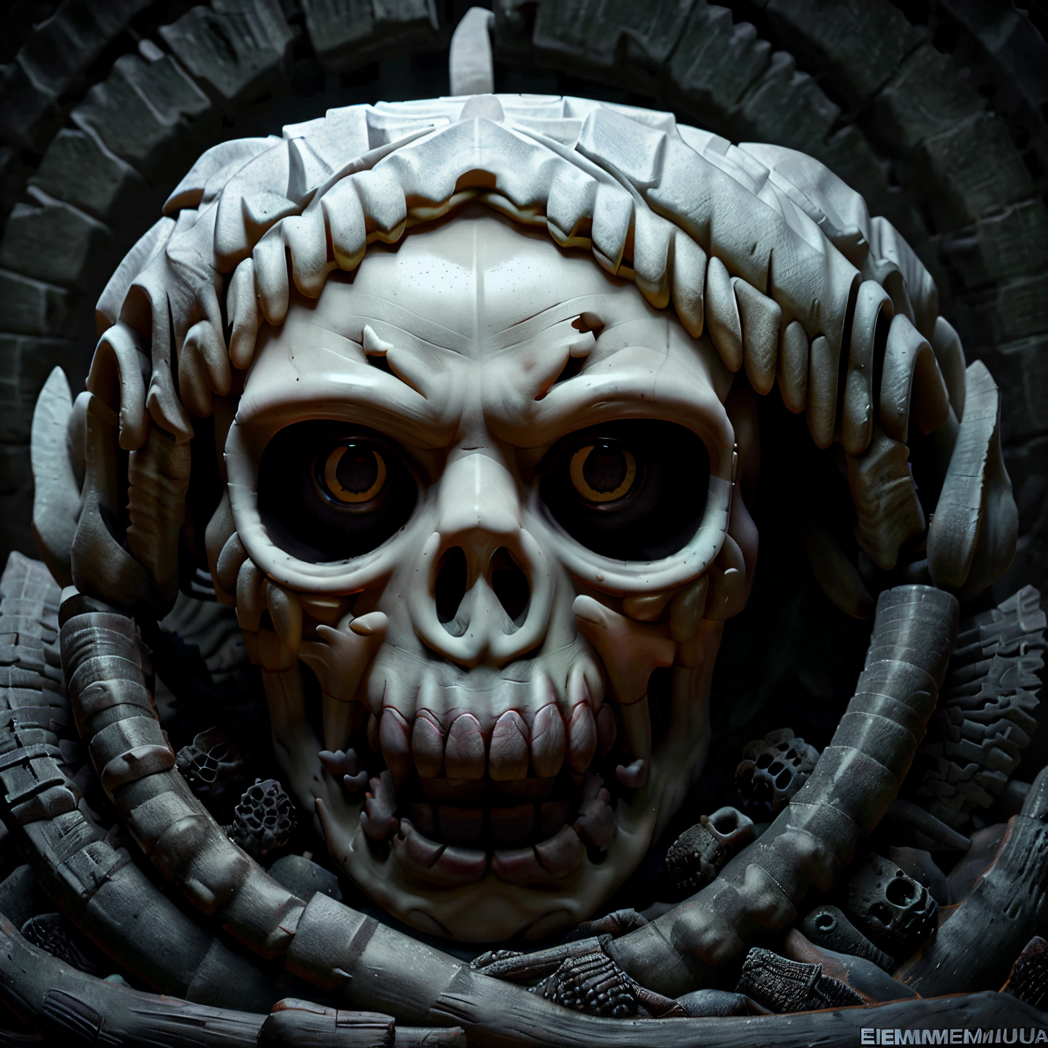 Sinister grim reaper lurks in a chilling gothic kingdom, emanando uma aura de horror e melancolia, adorned in a menacing skull, WMASK, e armadura.