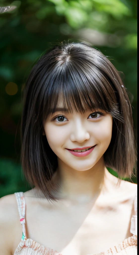 masterpiece、4K、top-quality、beautiful japanese female、detail portrayal、1 girl in、20yr old、(rompers:1.2)、A dark-haired、Slightly longer bob hair、naturey、depth of fields、(Angle from top:1.2)、ssmile
