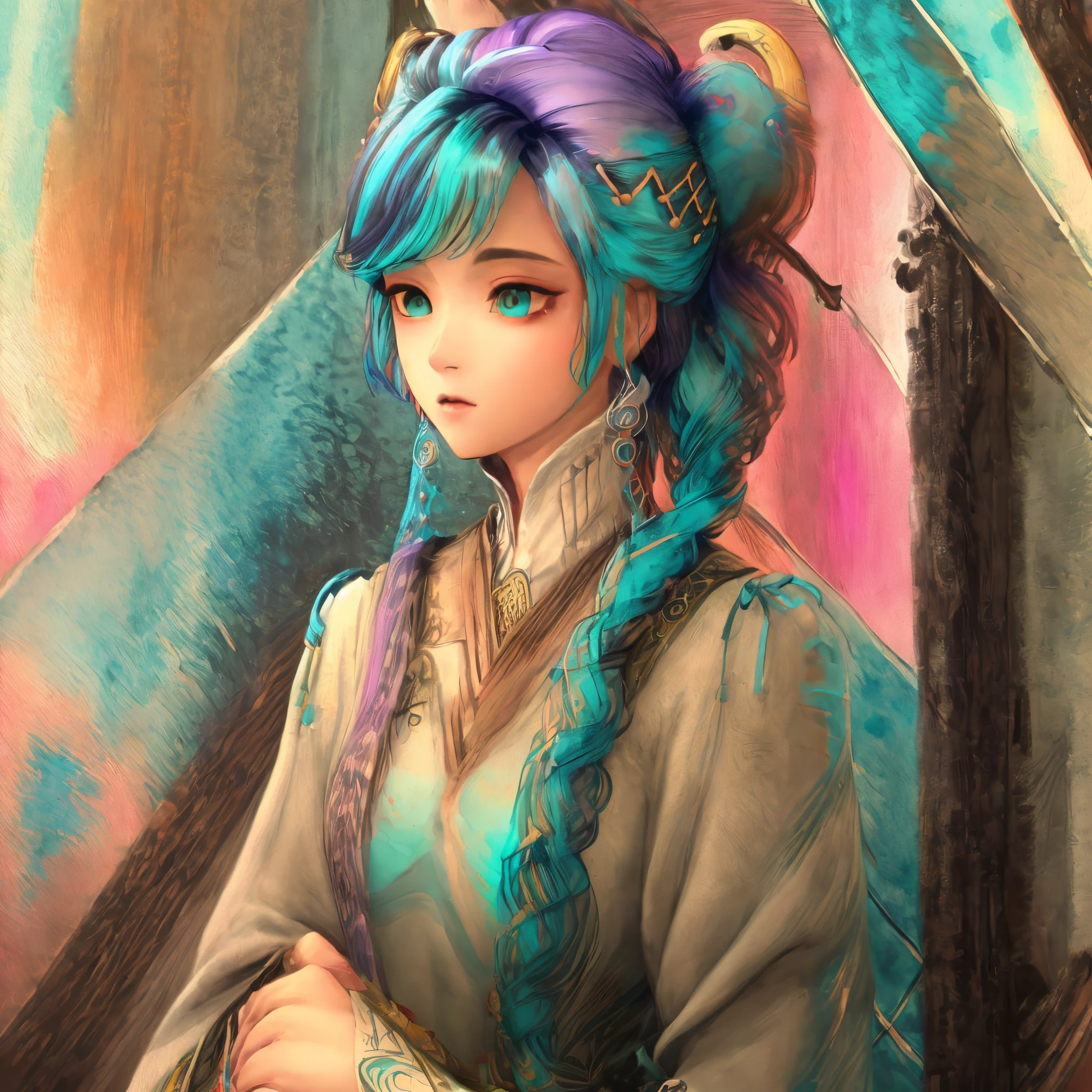 Heterochromia(Red right eye、left eye is purple)(​masterpiece、top-quality、top-quality、watercolor paiting(Curly)、Official Art、Beautifully Aesthetic:1.2)、(1girl in:1.3)、(Fractal art:1.3)、The upper part of the body、from side、looking at the viewers、patterns、(rainbow-colored hair、colourful hair、Half blue and half pink hair:1.2)、Eau、liquids、云、colourfull、starrysky、stele、
sketch, Watercolor, (low
quality), 1 Girl, solo, (Heterochromia, Purple right eye:1.6, Red left eye), (turquoise hair :2.0), (Straight hair), (Long hair:1.4), (turquoise dress: 1.4), (long-sleeved dress:1.2), (Shoulder-baring out fit) (black necktie: 1.2)


(two-toned hair:1.6) monochrome, grayscale, inaccurate hand, bad hand, too many fingers, missing finger, deformed eyes, missing fingers, acnes, skin blemishes, text, watermark,