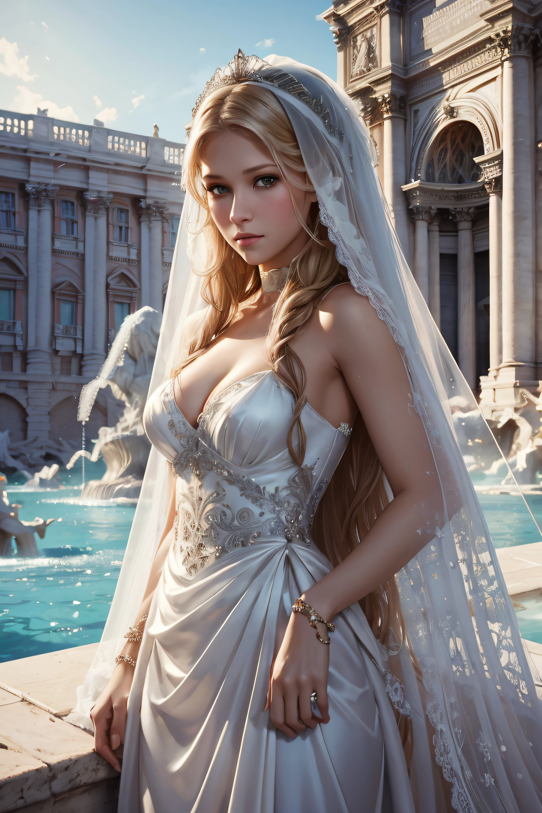 Anna Kournikova, veil bride christmas sexy clothes, stand in front of the Trevi Fountain, character portrait, 4 9 9 0 s, long hair, intricate, elegant, highly detailed, digital painting, artstation, concept art, smooth, sharp focus, illustration, art by wlop, charlie bowater and alexandra fomina