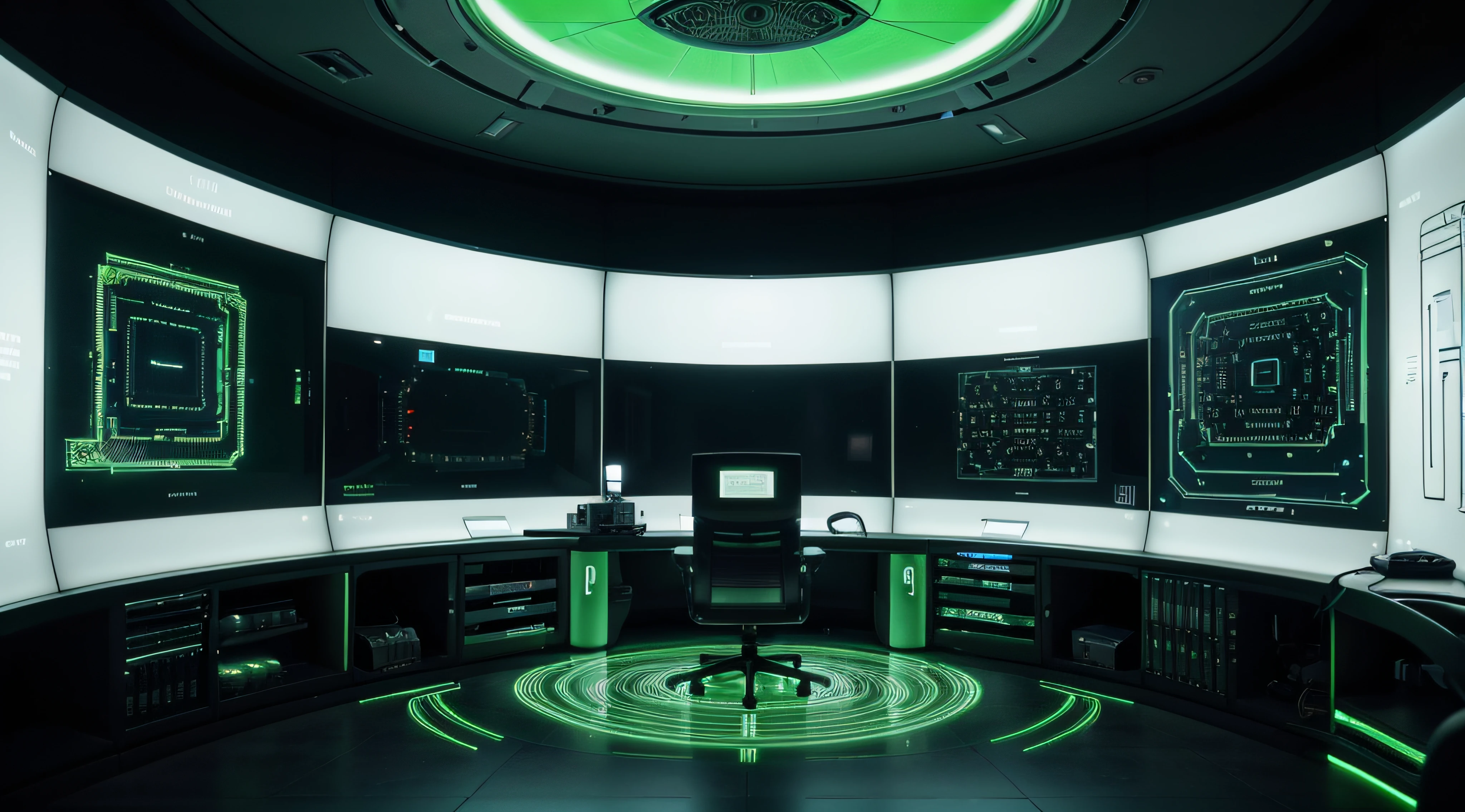 State-of-the-art data center, 1 towering server rack adorned with pulsating green LED lights, simple minimalist motherboards and circuit chips form a futuristic environment. The robust computer in the center with 6 large screen monitors, connected to the mainframe by robust network cables and neat and organized. Neon network cables exude a light green glow, symbolizing connectivity. A cutting-edge laser target creates a virtual maze digital landscape. Empty and white walls on both sides. Glass plates on the walls