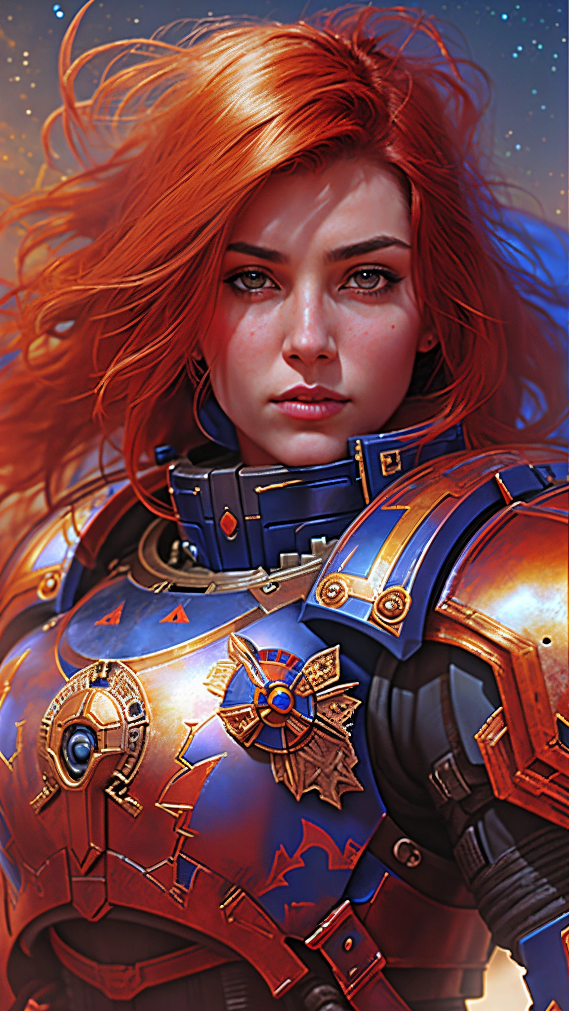 Portrait of a Space Marine woman, pronounced feminine feature, red and blue heavy armor, in the desert, detailed, cinematic composition, power armor, intricate details, eerie, highly detailed, 8k, art by artgerm and greg rutkowski and alphonse mucha, poor quality photo, blurry, reflective metal