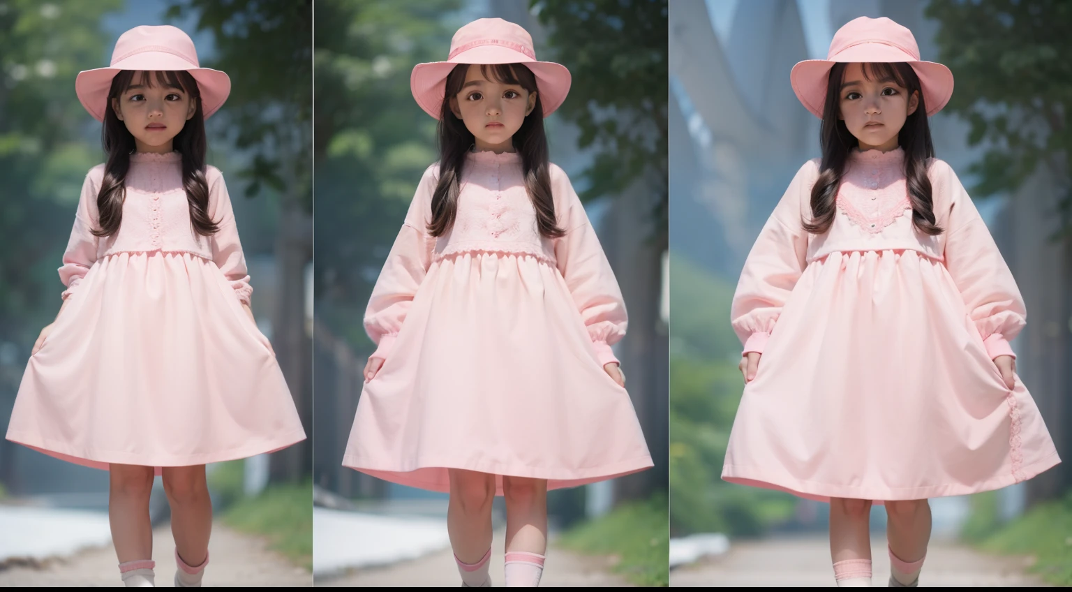 uma menina andando, character animation frames, with an identical design of the character in each frame. The girl is alone, Feliz, com cabelos castanhos, olhos castanhos, bochechas rosadas, vestindo uma roupa de fazenda rosa, a pink hat, Botas Rosa, e um fundo branco.