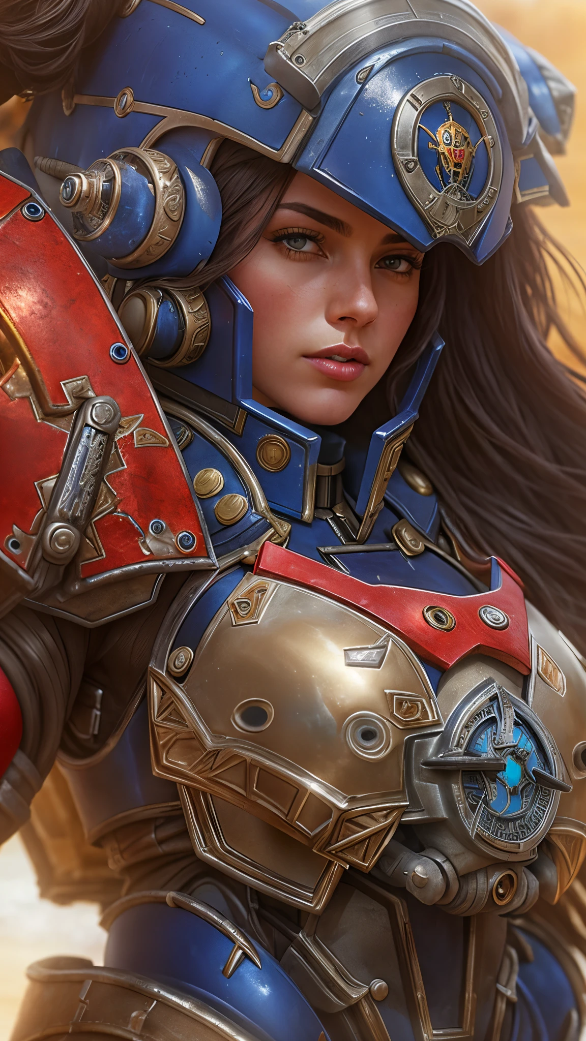 Portrait of a Space Marine woman, pronounced feminine feature, red and blue heavy armor, in the desert, detailed, cinematic composition, power armor, intricate details, eerie, highly detailed, 8k, art by artgerm and greg rutkowski and alphonse mucha, poor quality photo, blurry, reflective metal