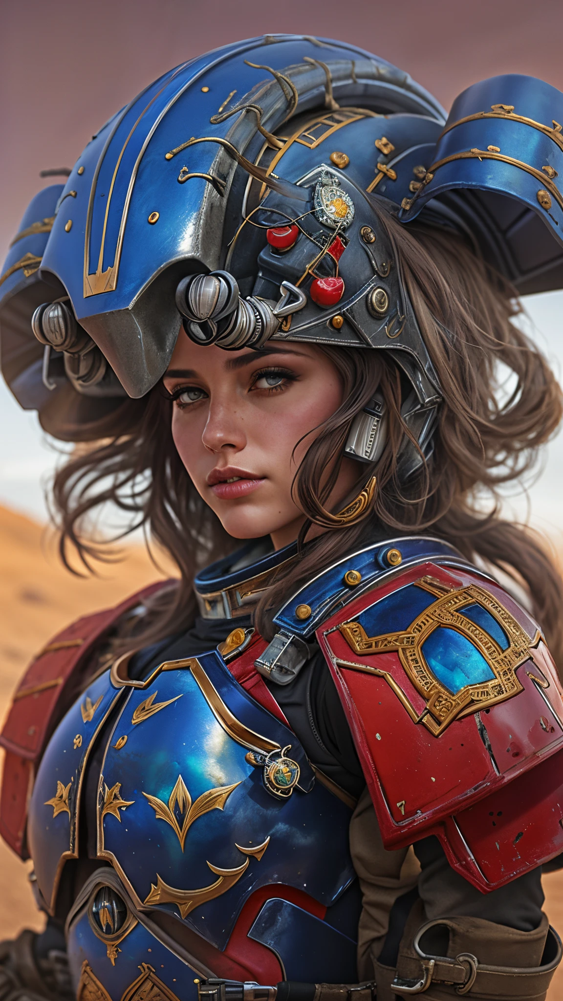 Portrait of a Space Marine woman, pronounced feminine feature, red and blue heavy armor, in the desert, detailed, cinematic composition, power armor, intricate details, eerie, highly detailed, 8k, art by artgerm and greg rutkowski and alphonse mucha, poor quality photo, blurry, reflective metal