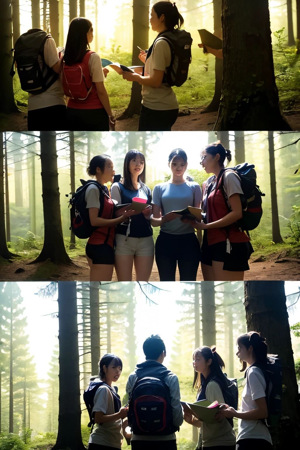 create an image of a group of backpackers in a circle, talking, among the trees of a forest. They are planning the trip, with map in hand