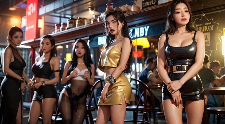 highly detailed RAW color Photo of several women in short skirts standing in front of a bar, girls, uhd candid photo of dirty, other women dancing behind, candid shot, dancing in the background, girl, youtube video screenshot, bangkok, godesses, at a bar, prostitutes, cute girls, candid, video still, flashing, full scene shot, in a bar, trailer, 4k, masterpiece, high res, high quality, best quality, uhd, realism, Ultra realistic, 16k, photo-realistic, spray tan, detailmaster2, steampunk style, 
HZ Steampunk