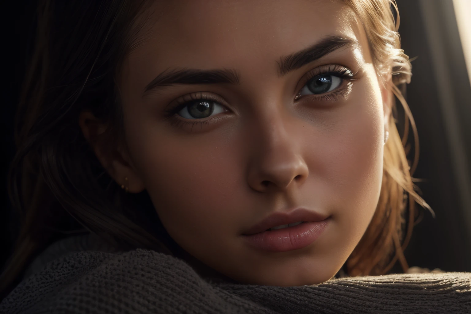 Best quality, masterpiece, ultra high resolution, (photorealistic: 1.4), raw photo, Very pretty young woman (after actress Riley Reid), long hair, golden hair, detailed eyes and face, black sweater, dynamic lighting , in the dark, deep shadow, low key, cowboy photo