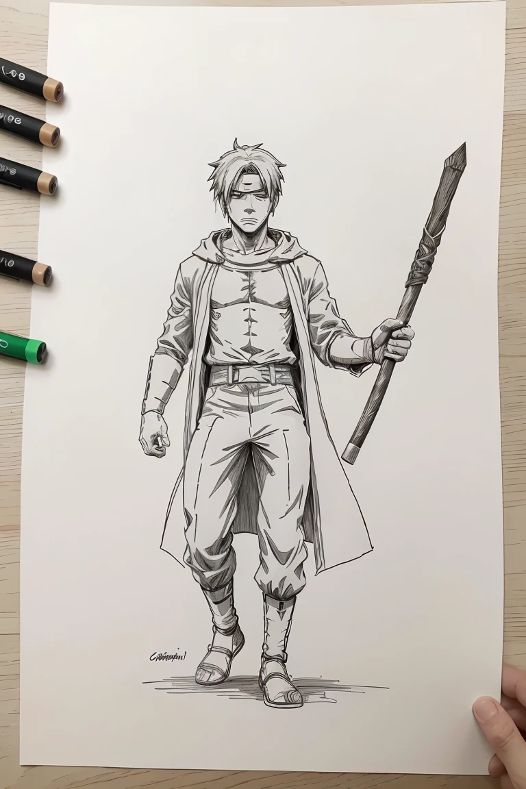 Line art, thick line drawing, stick figure, figure stick figure, chibi, 1man cosplay (Kakashi Hachiki), black and white line drawing, no shadows, best quality, masterpiece