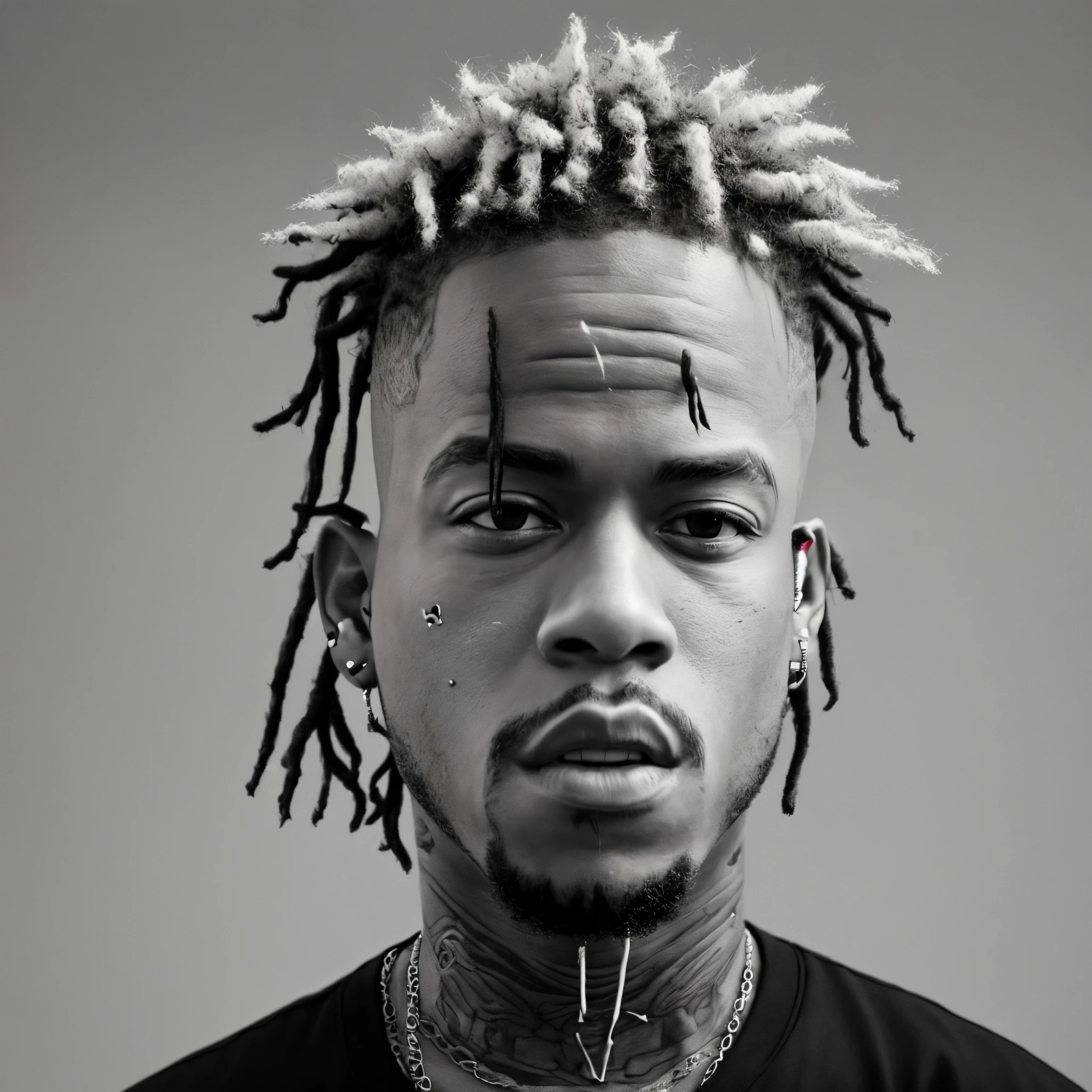 A closeup of a man with tattoos on his chest and arms, xxxtentacion, taken in the early 2020s, Tiroteio de Sakuga, goodlooking, short dreadlocks with beads, Wiz Khalifa, ✏️🎨, Estilo de Seb McKinnon, com tatuagem facial, Psicopata, Deiv Calviz, Le Long