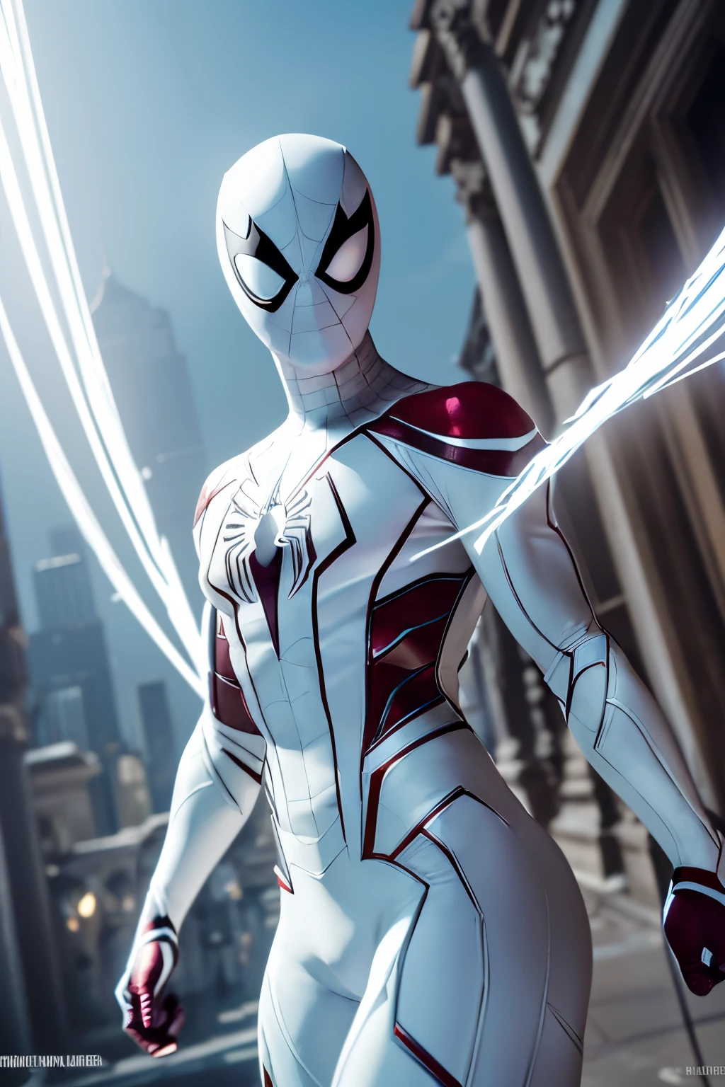 (Extreme Detail CG Unity 8K wallpaper, masterpiece, highest quality), (Exquisite lighting and shadow, highly dramatic picture, Cinematic lens effect), a girl in a white Spider-Man costume, silver gray hair color, from the Spider-Man parallel universe, Wenger, Marvel, Spider-Man, she walks in the old temple, moon light behind, dynamic pose), (excellent detail, excellent lighting, wide angle), (excellent rendego on temple, enough to stand out in its class), focus on white Spider-Man costumes, complex spider textures