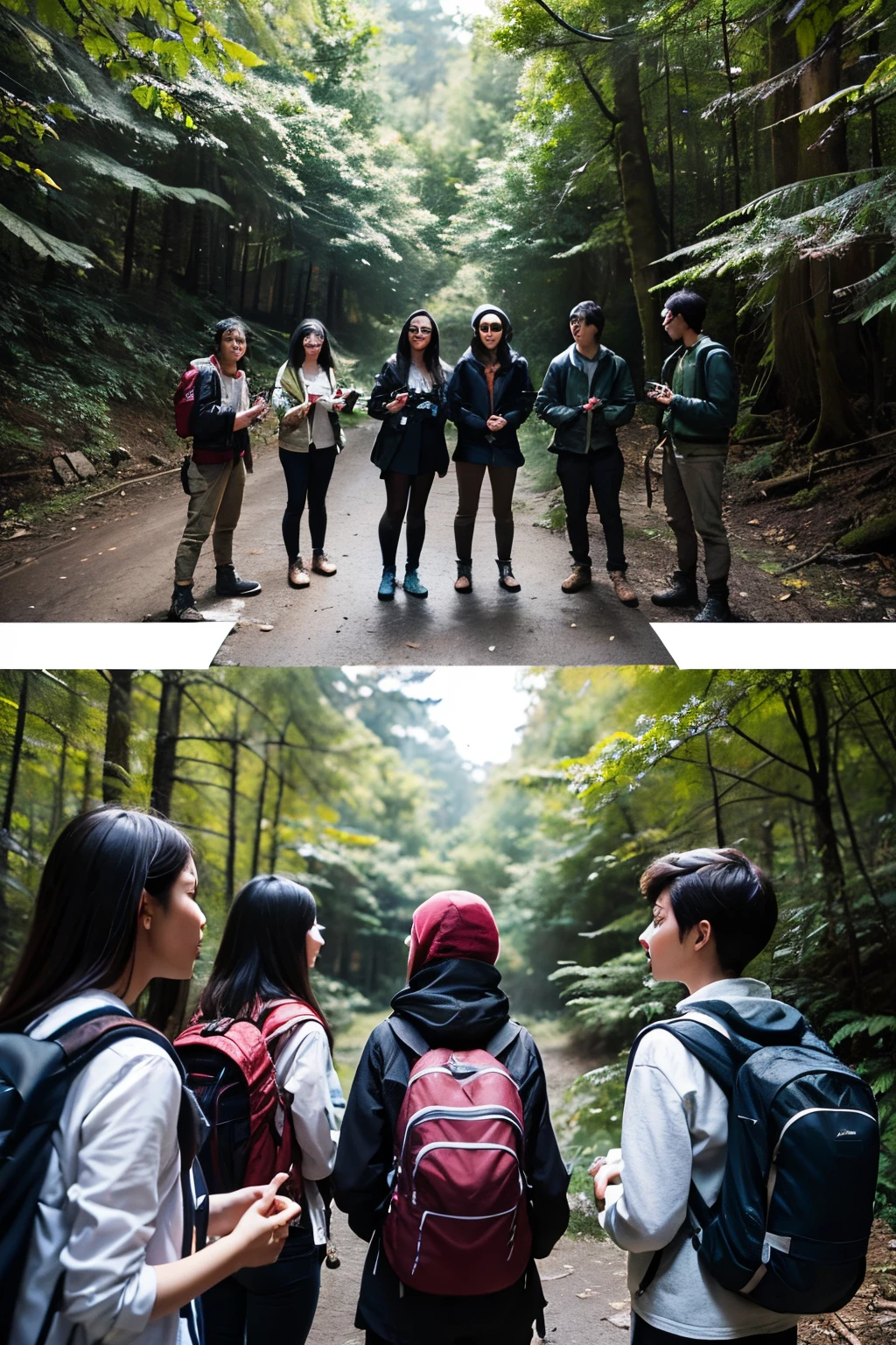 Create an image of a group of backpackers, standing in a circle, talking, among the trees of a forest. They are planning the trip, with map in hand